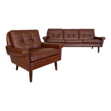 Danish mid-century Svend Skipper cognac 3 person sofa & lounge chair 1960s