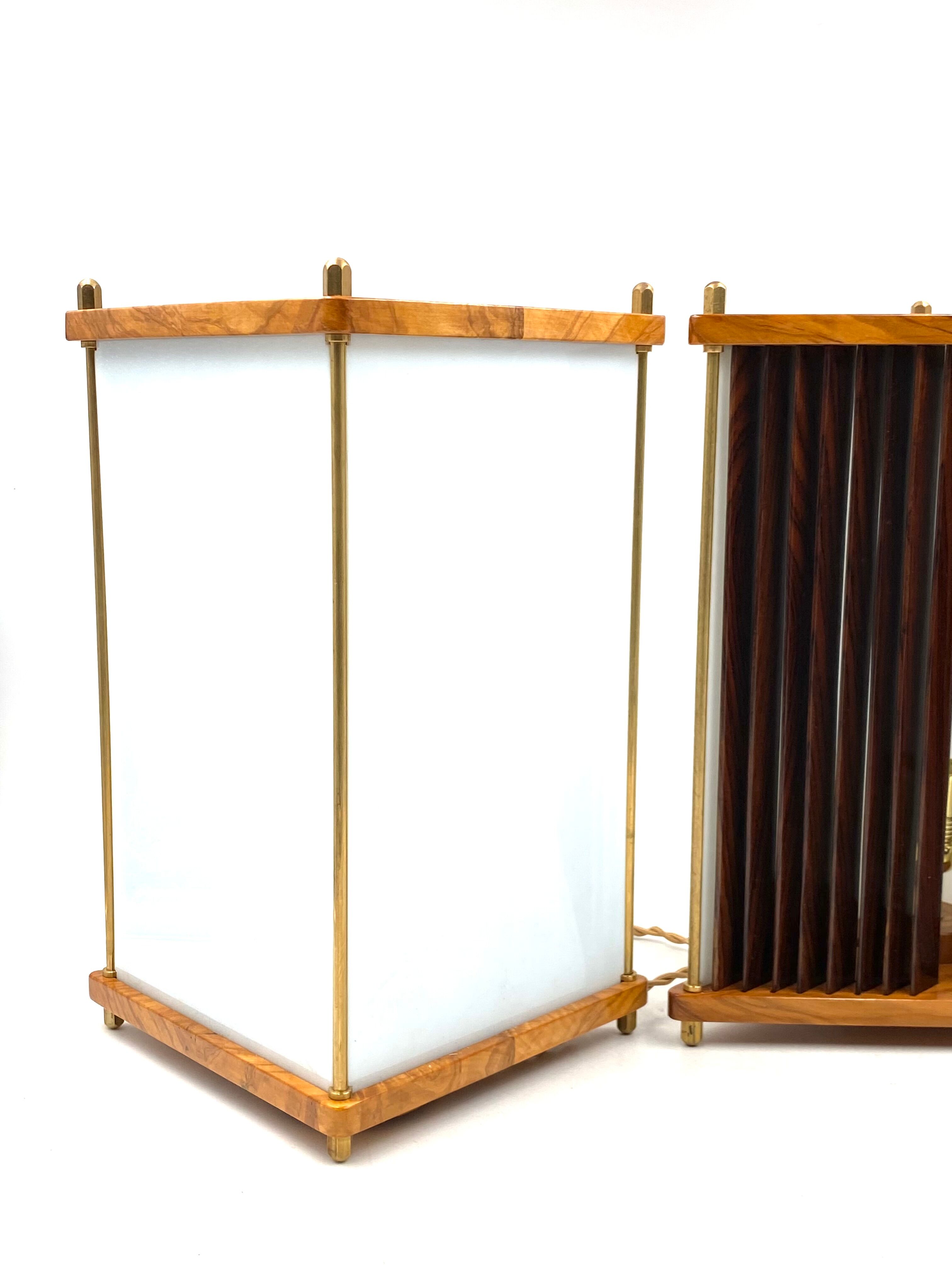Leonardo Mosso 2 palisander and brass table lamps, Italy 1970s