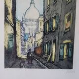 Etching Marcel Julien Baron signed, hand-colored print / Rue de Paris