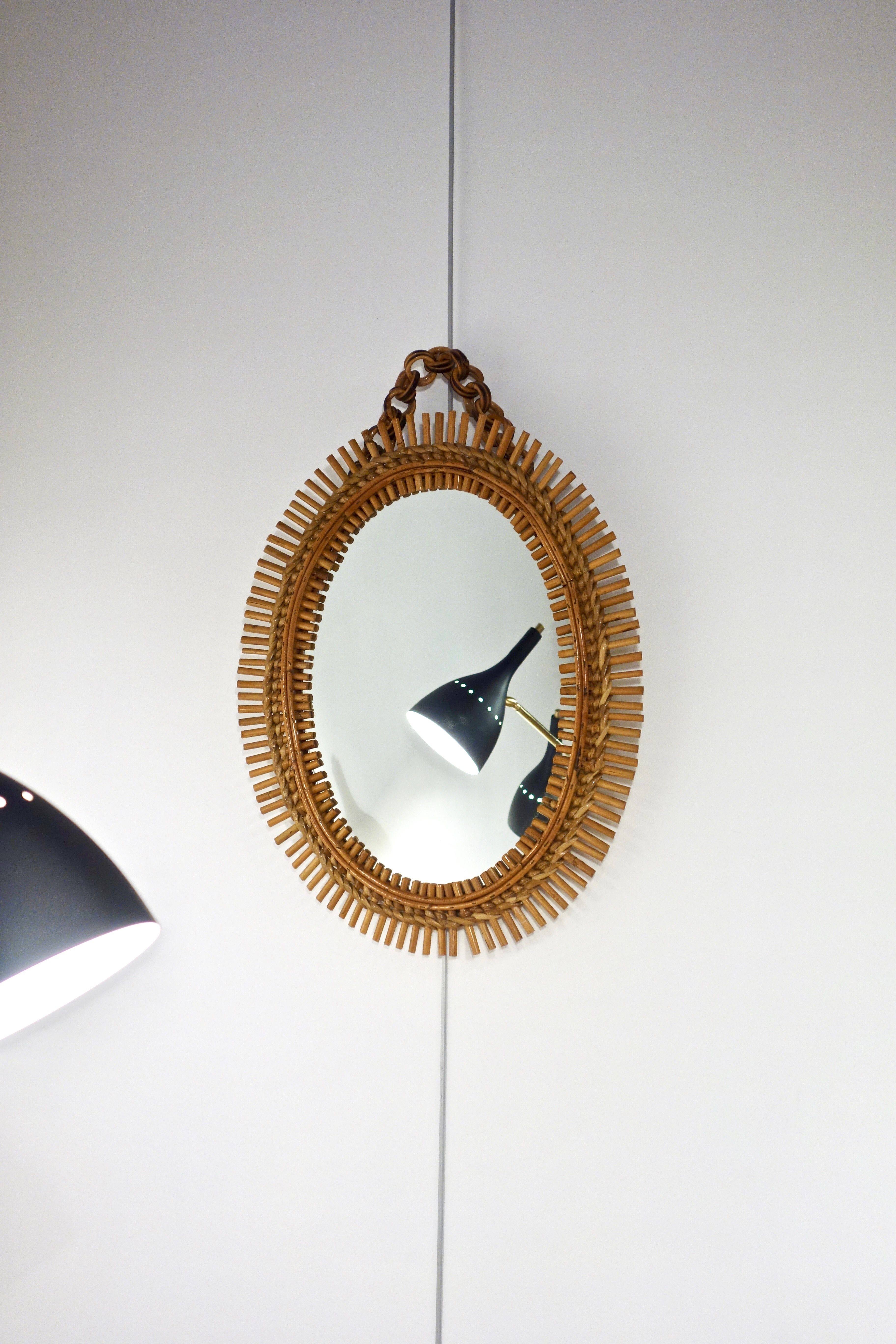 Italian sun mirror in rattan by Bonacina of the 50s 47x65cm