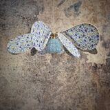 Pendant light, chandelier, rattan petals and fabric flower and blue Clichy globe