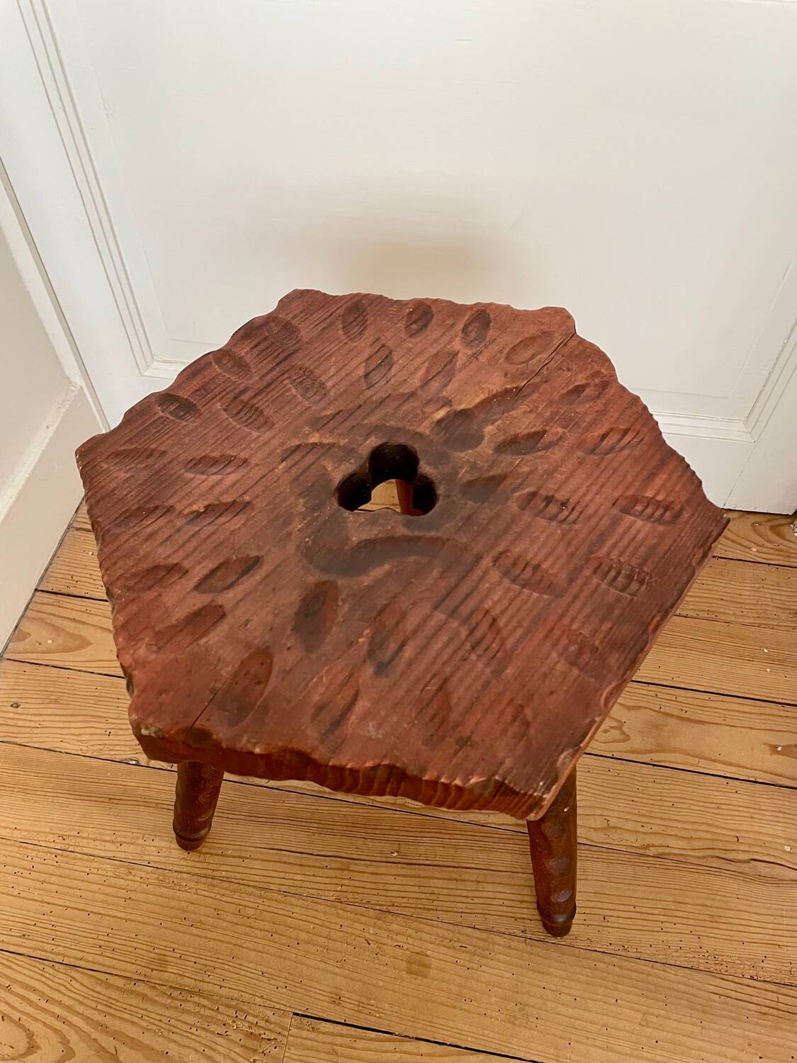 Vintage wooden tripod stool with turned legs