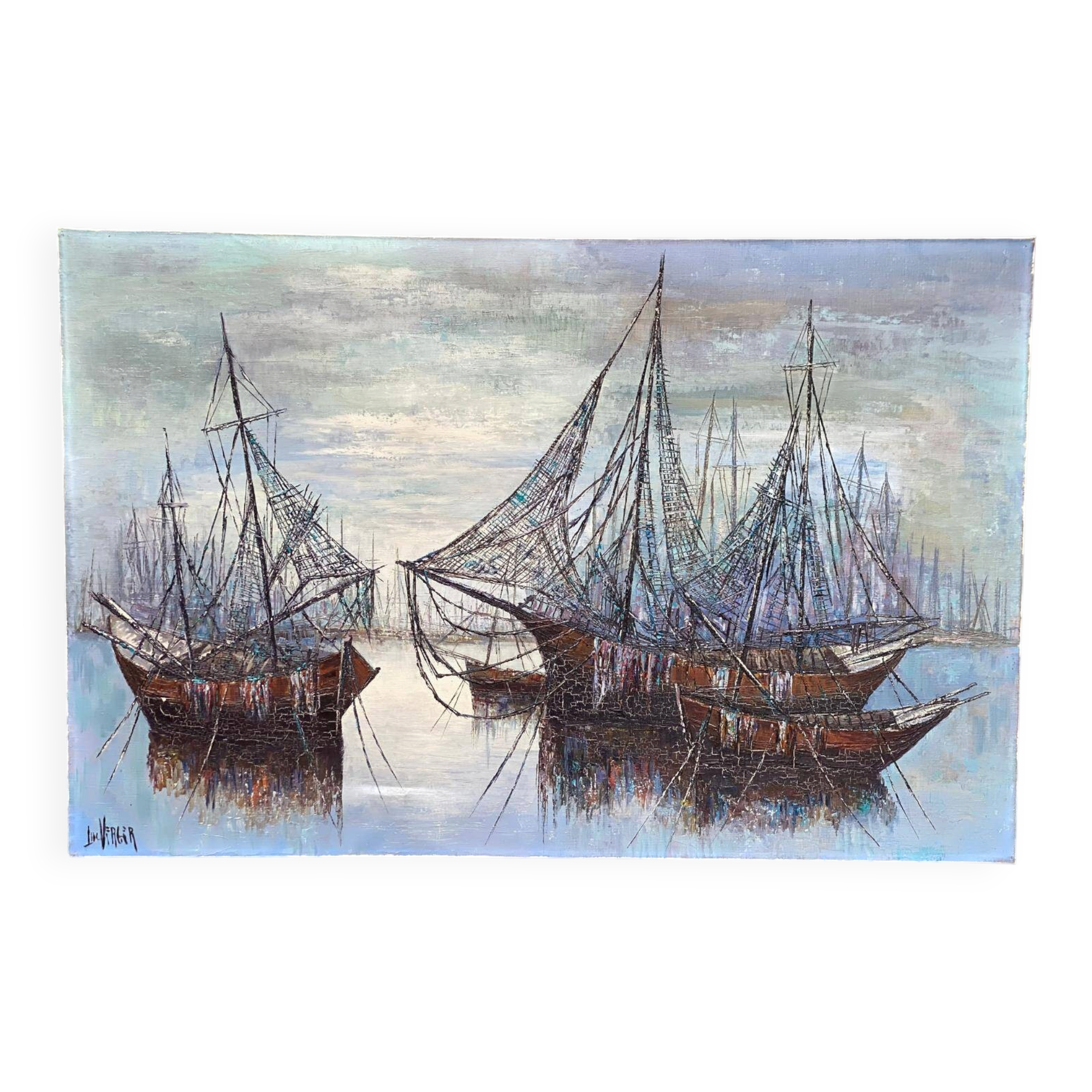Oil painting on canvas by Luc Verger, boats, 90x60cm.