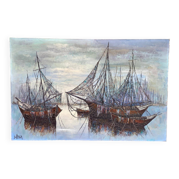 Oil painting on canvas by Luc Verger, boats, 90x60cm.