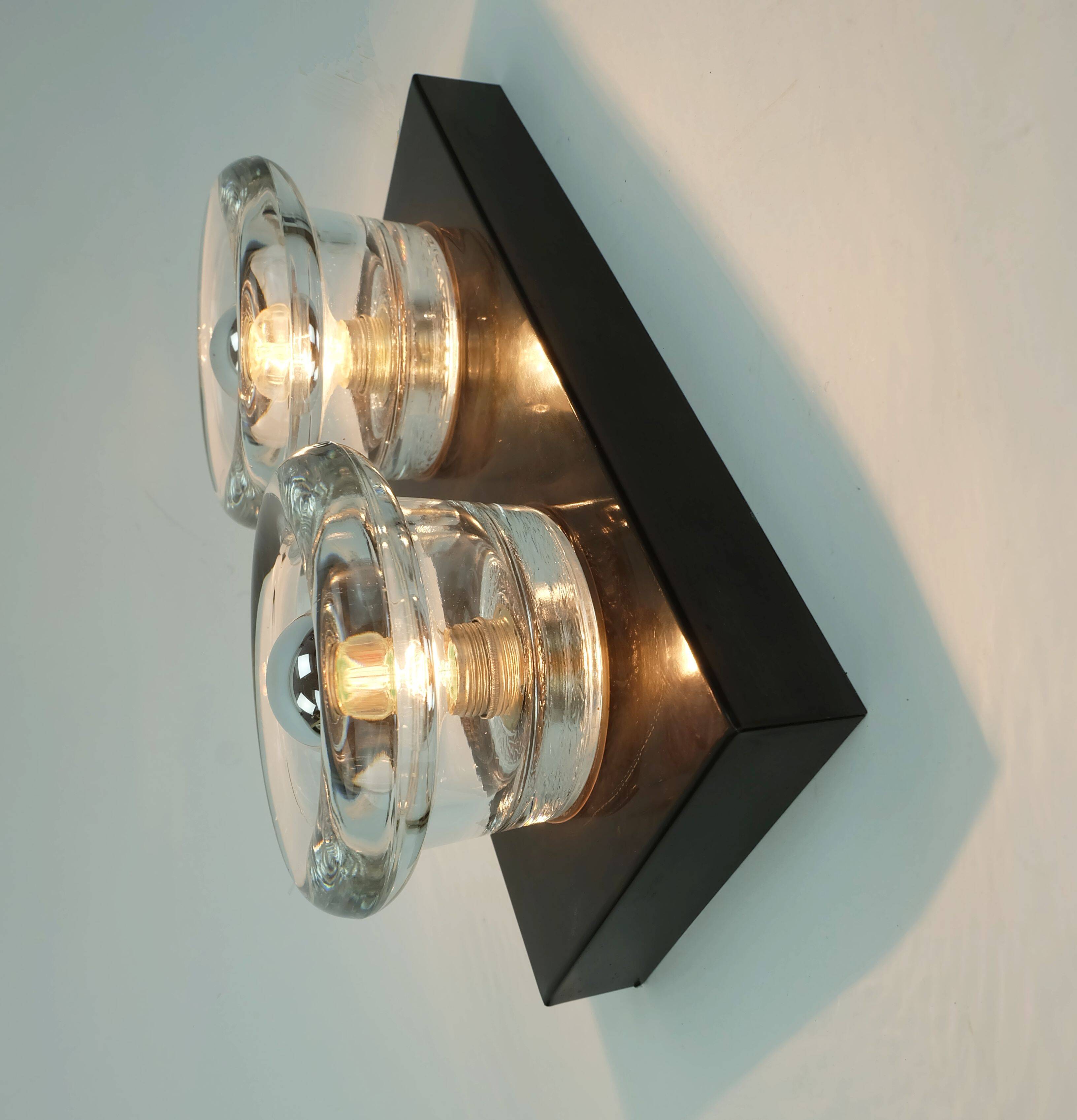 1960s 70s space age sconce by cosack-leuchten 2 thick glass shades and meta