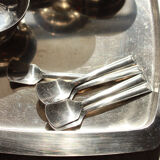 Set of 6 vintage stainless steel ice cream bowls + tray + spoons in inox.