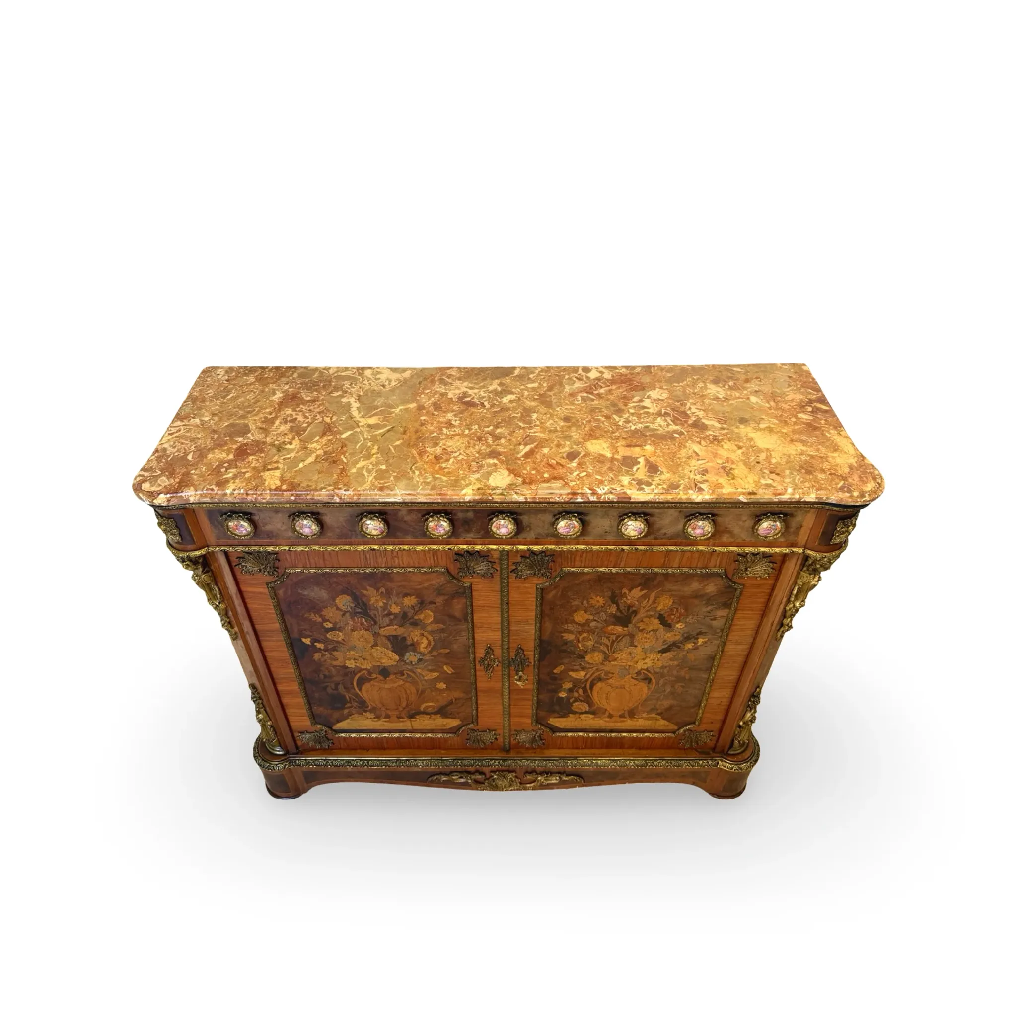An antique French Louis XVI-style marble-top side cabinet