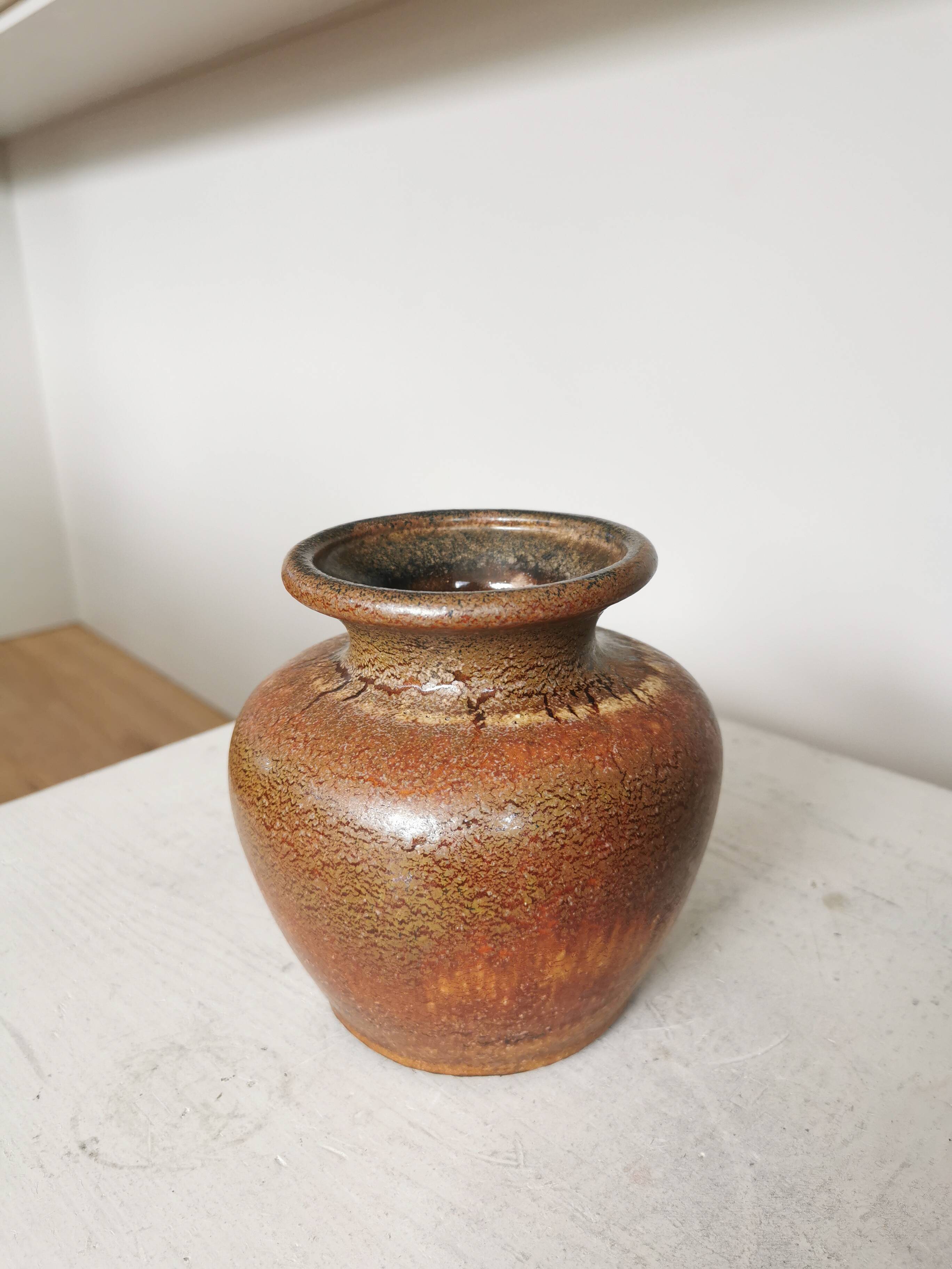 Fat Lava Pottery Vase: Vintage West Germany 202-13, Brown Drip Glaze