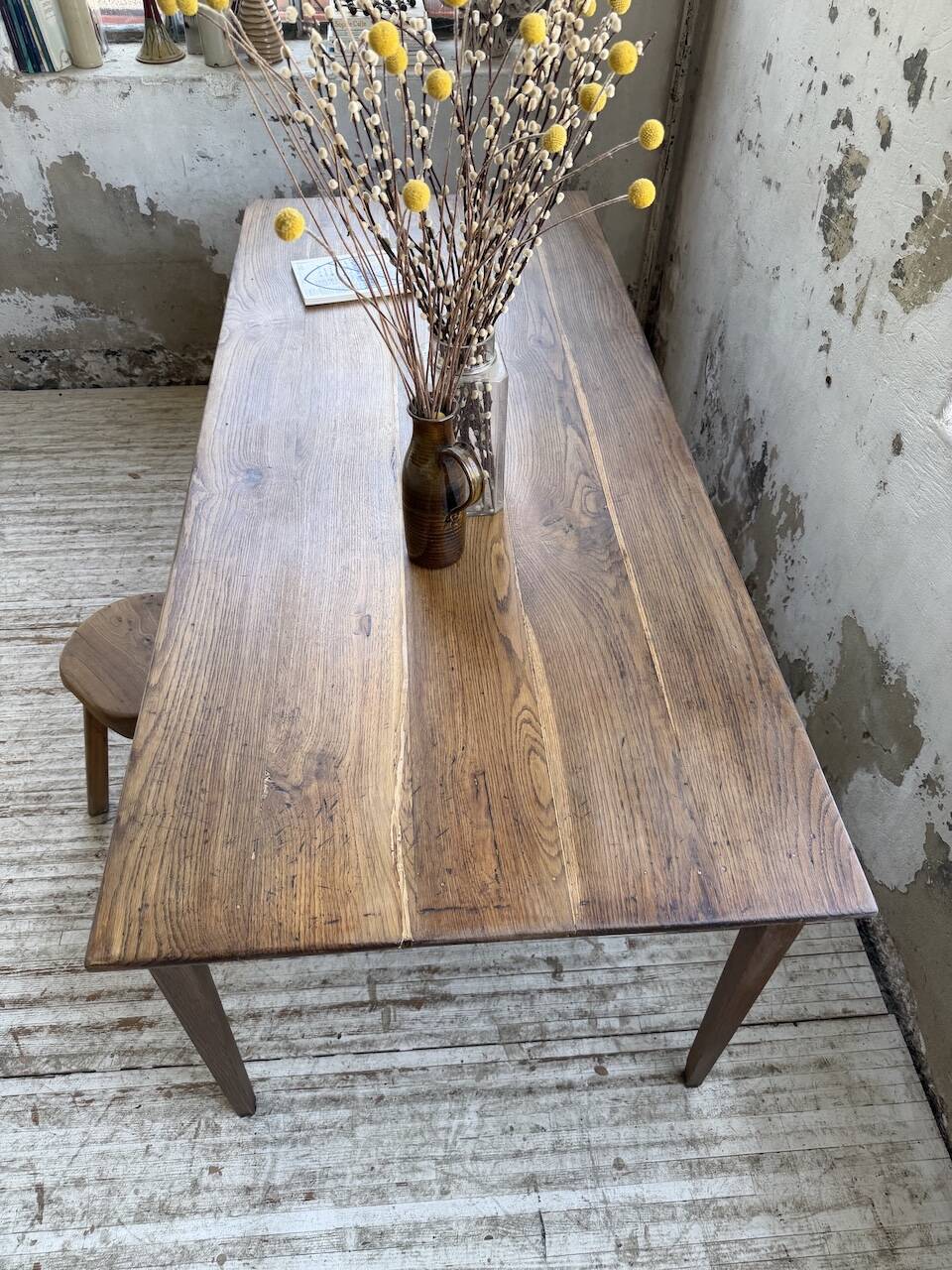 Table de ferme chêne pieds fuseaux 1950
