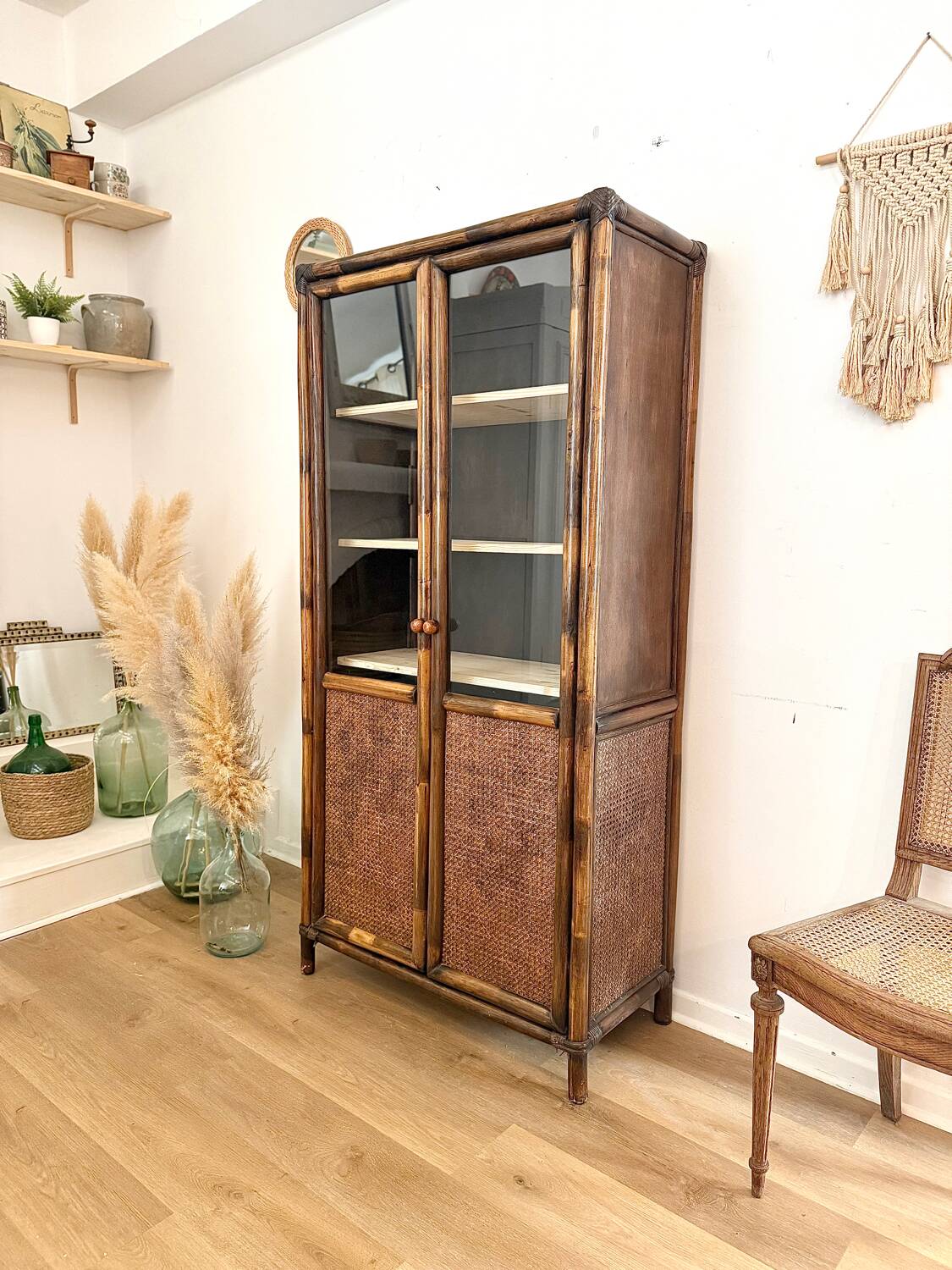 Glass cabinet in bamboo and cane