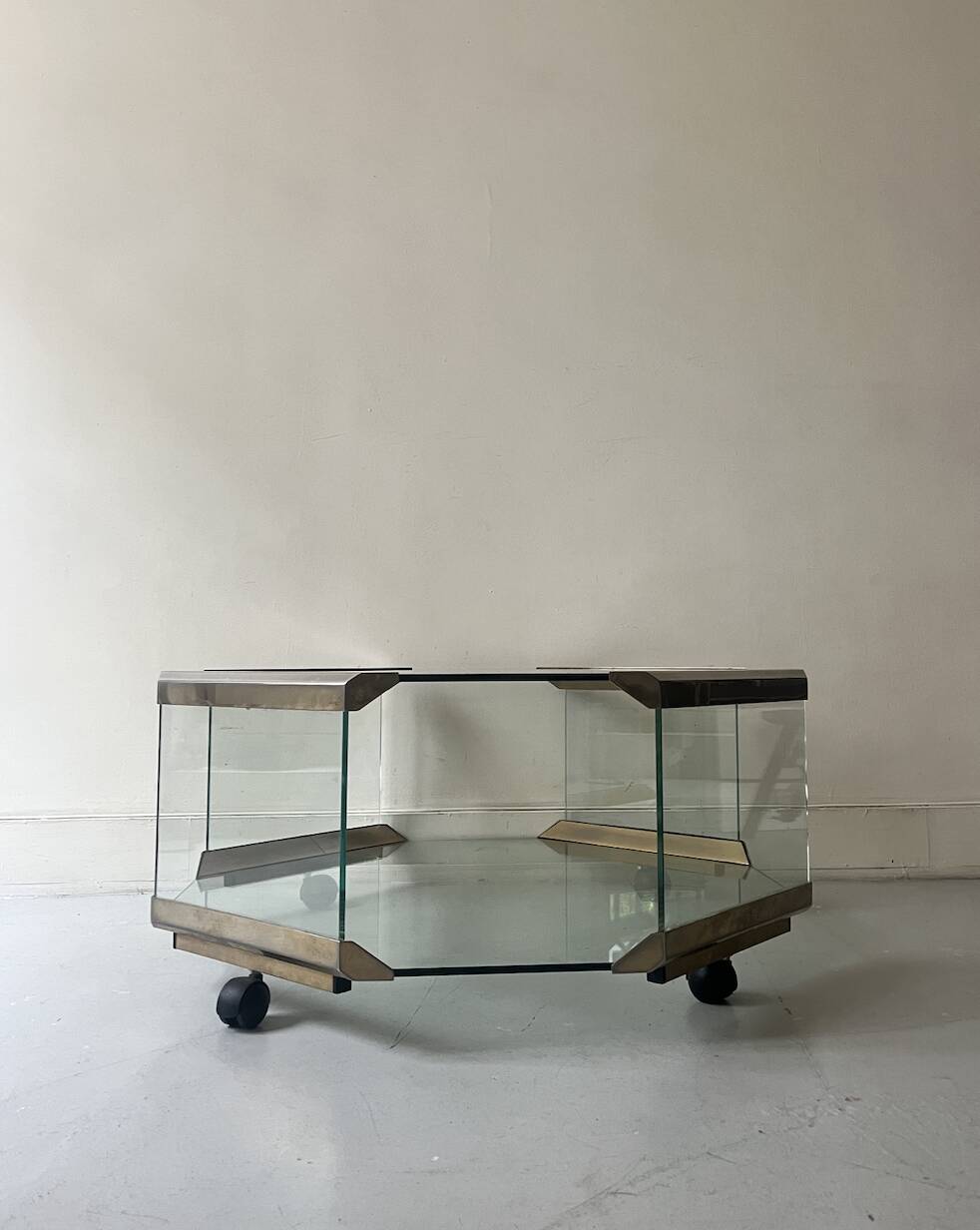 Hexagonal coffee table on wheels in glass and brass by Galloti & Radice, Italy 1970