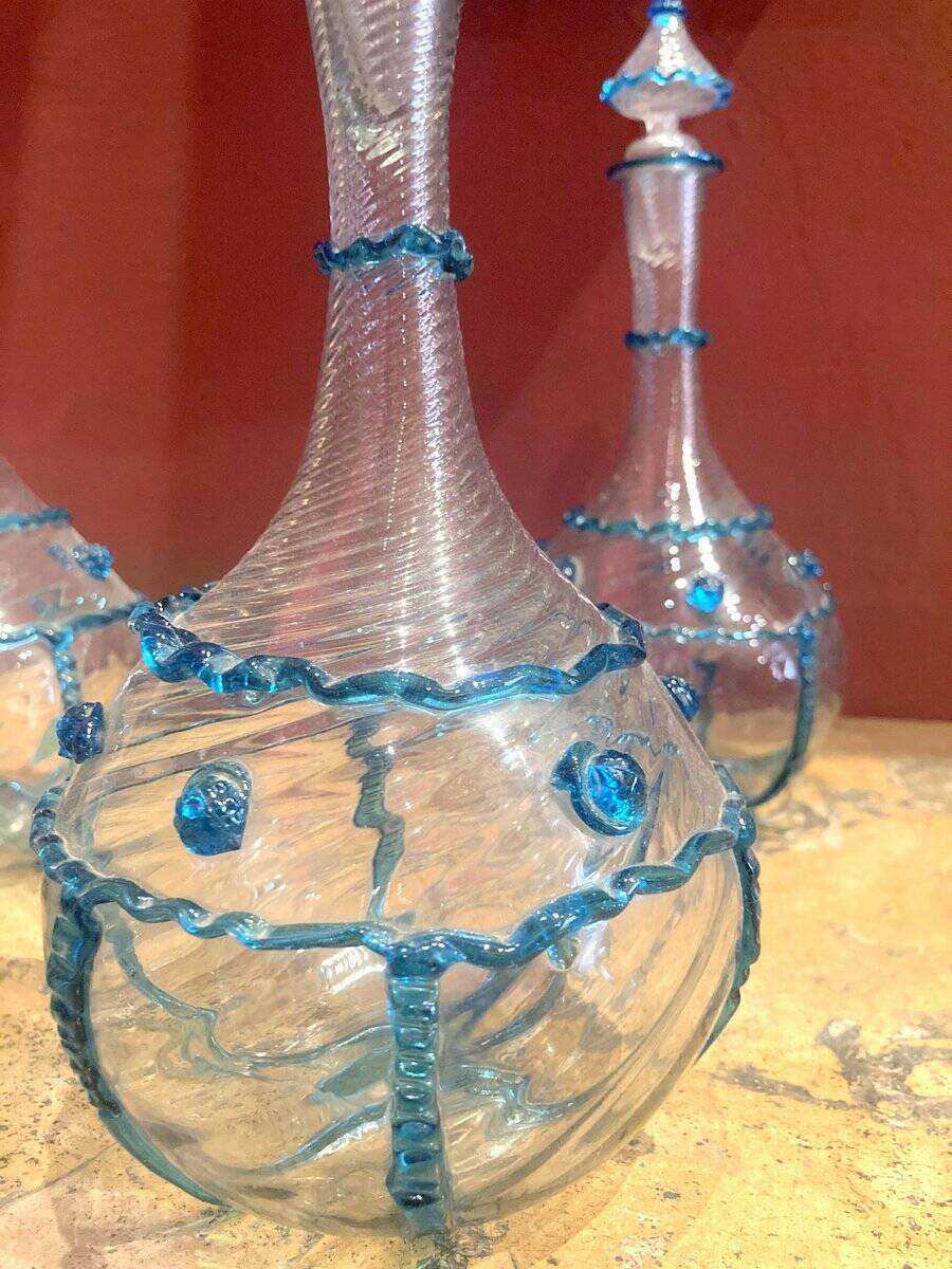18th Century Italian Murano Clear Glass and Blue Trimmed Blown Glass Bottle