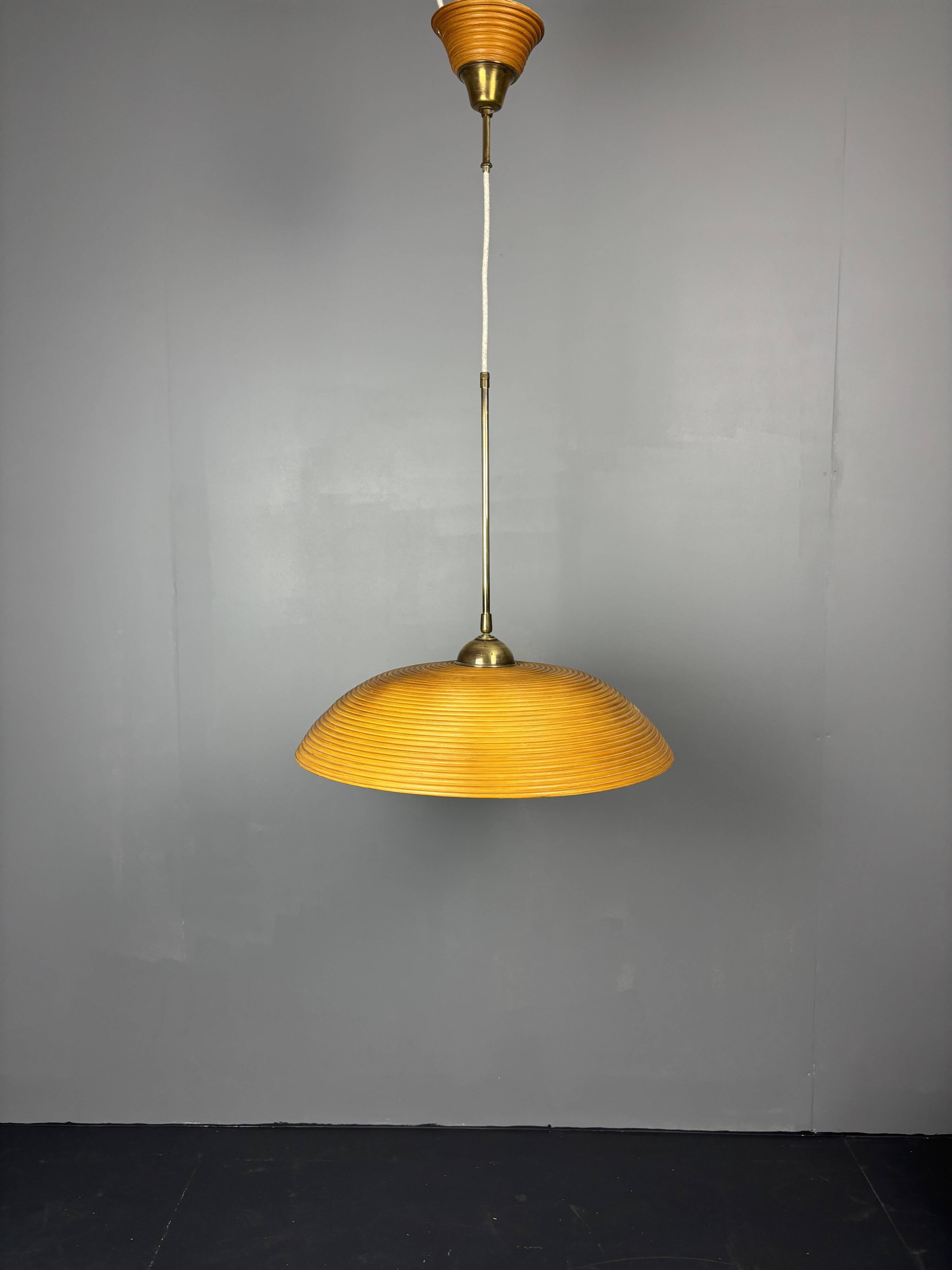 Set of 3 midcentury rattan bamboo pencil reed hanging pendants, Italy 1970s