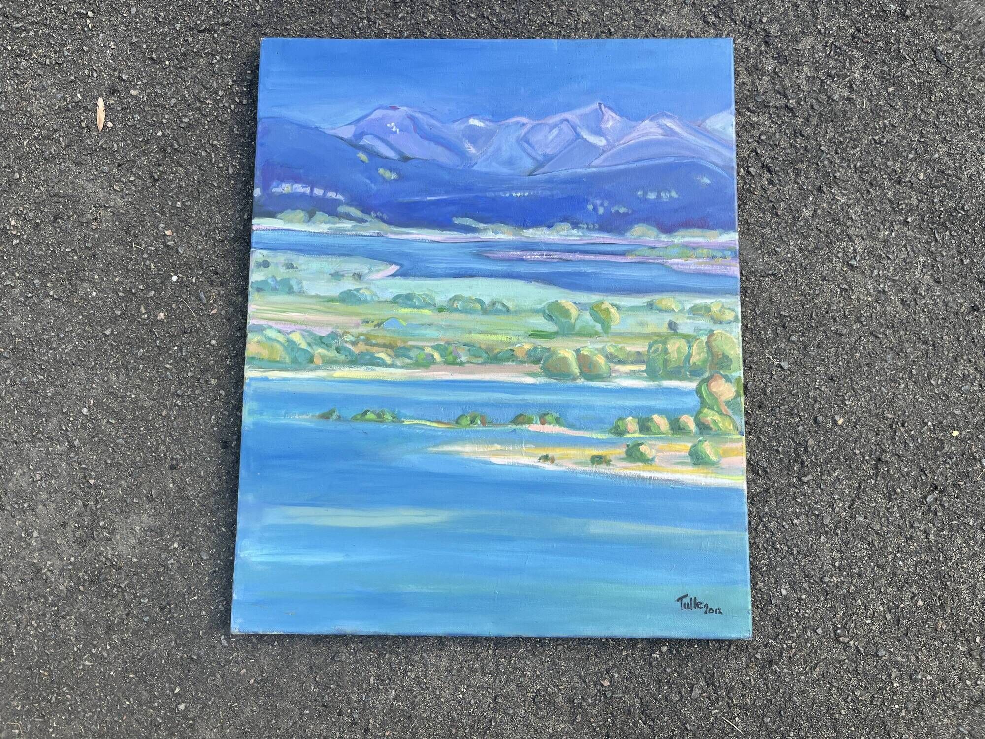 Mountain and lake landscape tableau – Canvas painting signed Tuller 2012