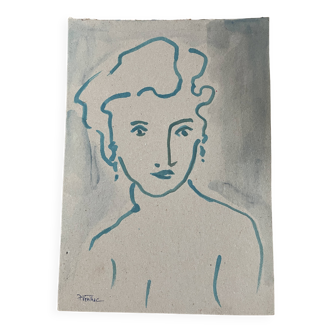 Signed painting in Indian ink and watercolor, female portrait “blue study”