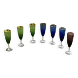 Set of 7 champagne flutes in colored glass and transparent base, vintage