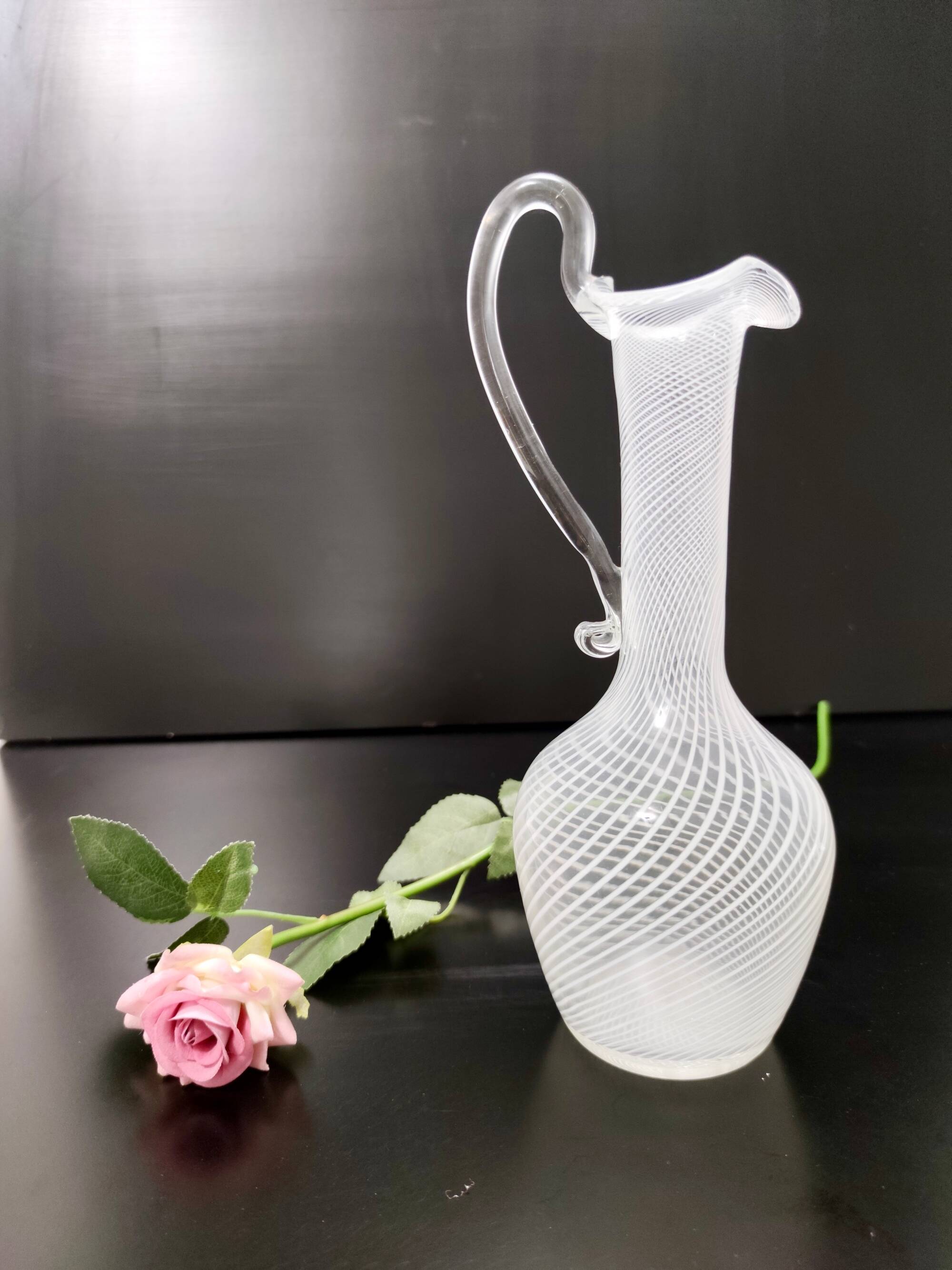 Murano Glass Pitcher Vase with White and Transparent Canes, Italy