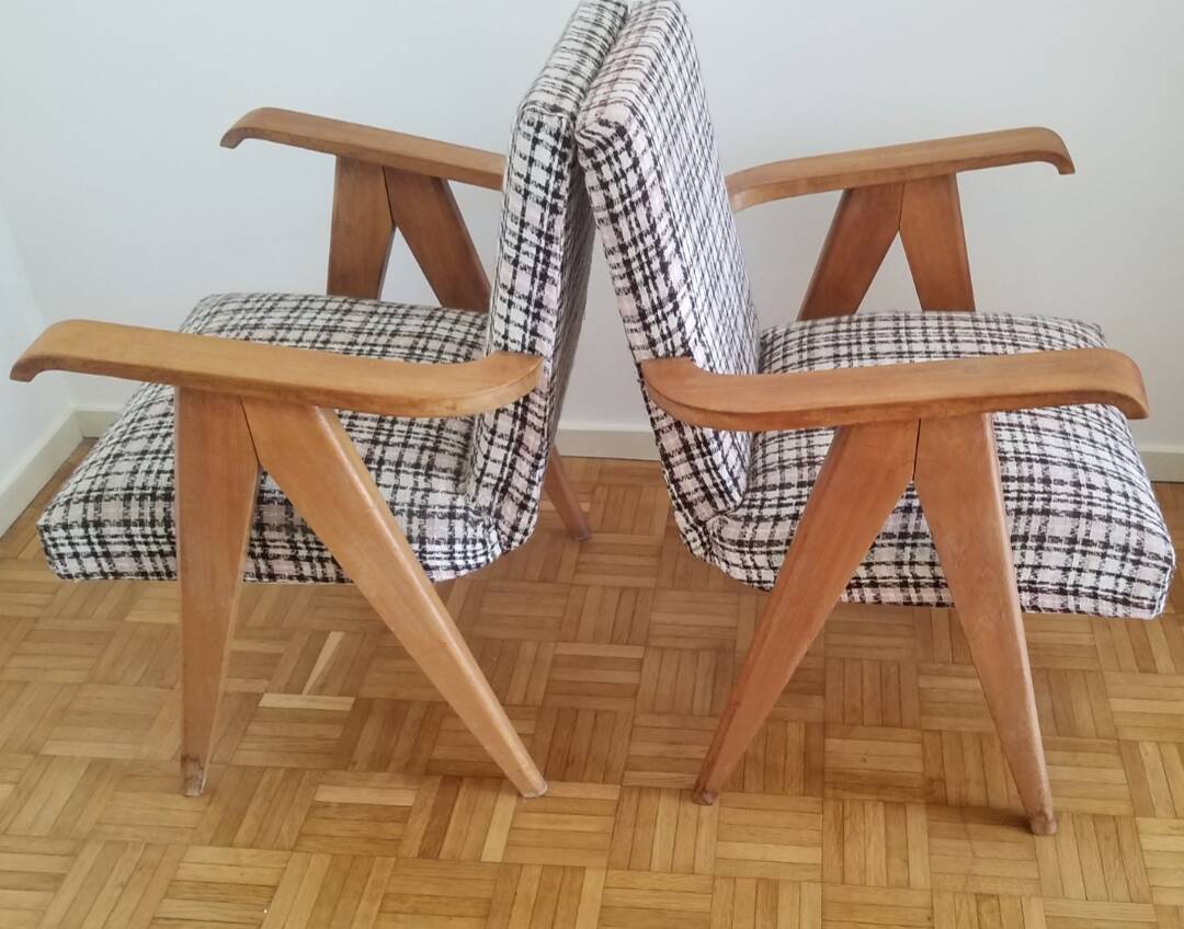 Pair of solid oak armchairs, 1950s.