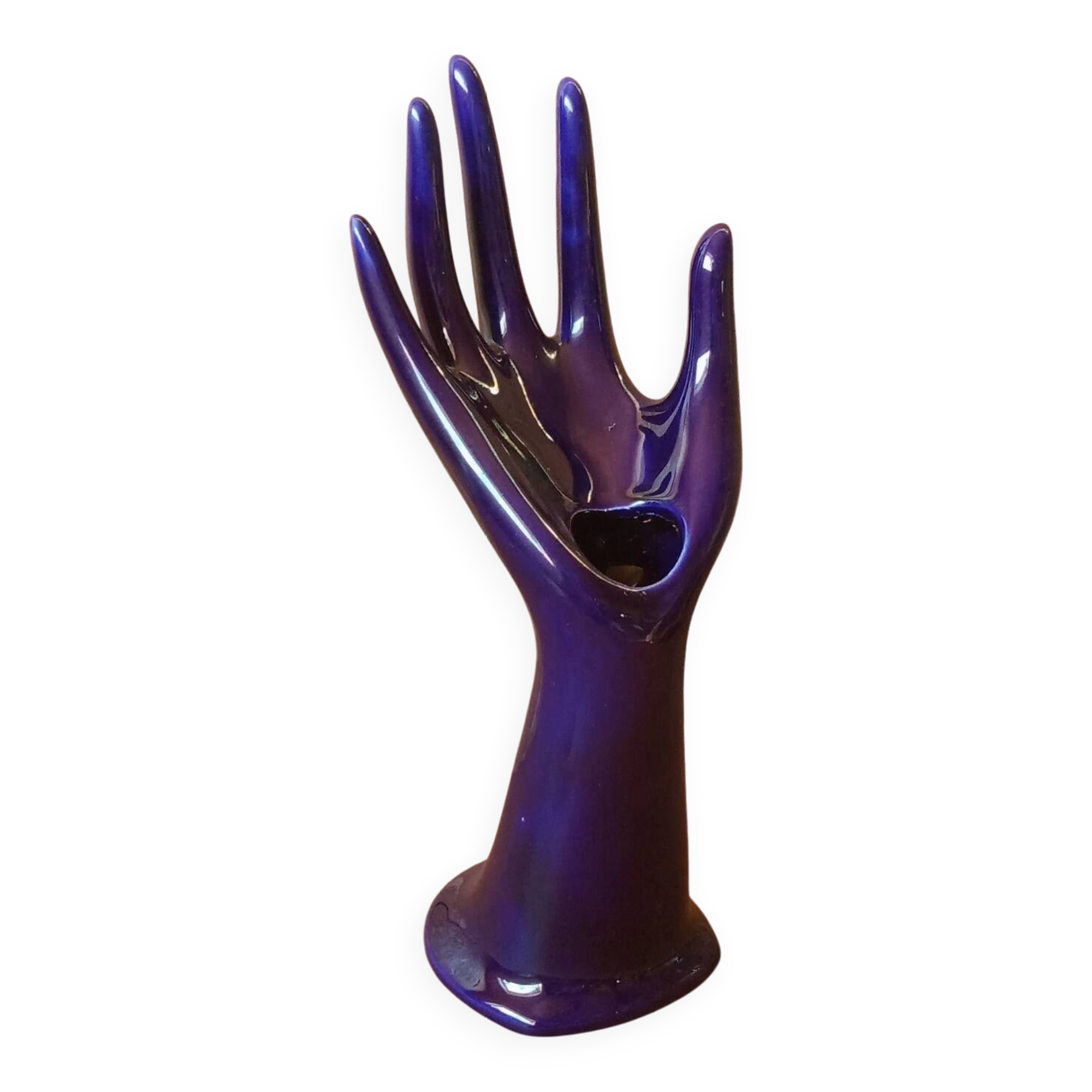 Hand-shaped ring holder with soliflore in blue ceramic