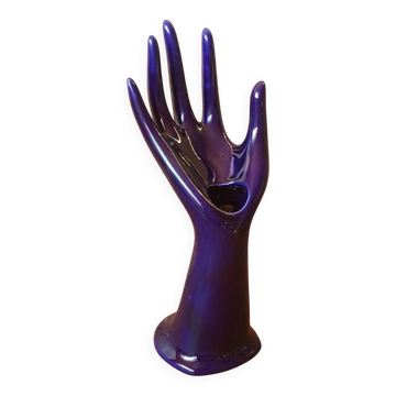 Hand-shaped ring holder with soliflore in blue ceramic