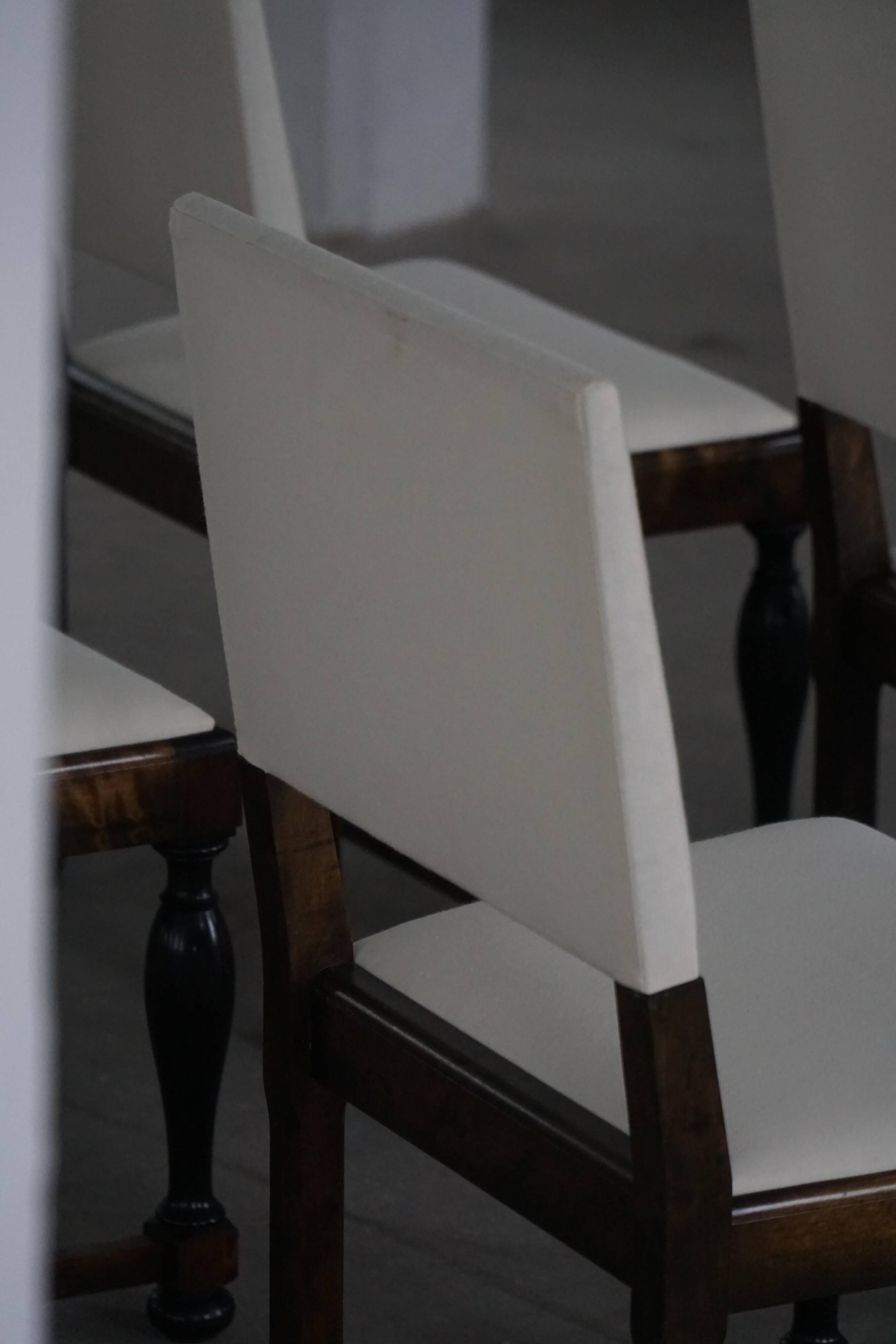 Set of 6 Swedish Grace dining chairs in birch with new upholstery, 1920s.