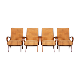 Four Yellow Mid Century Armchairs made in 1950s Czechia. Original condition