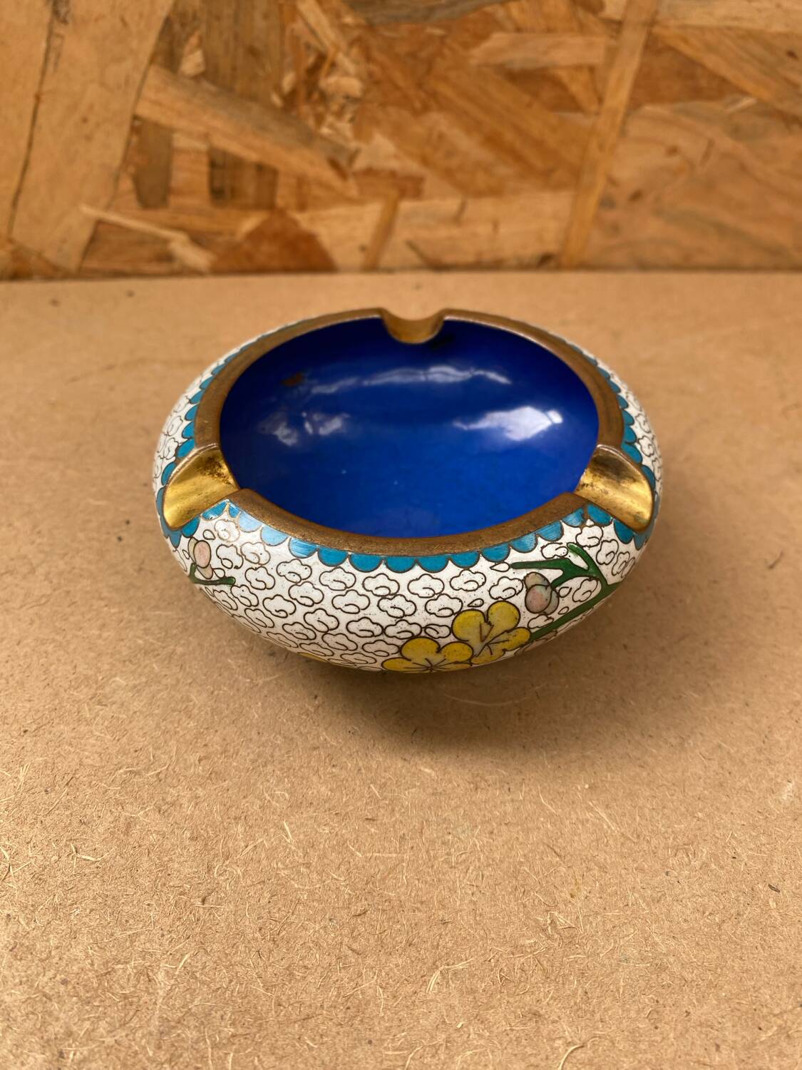Antique Chinese Bronze Cloisonne Enamel Ashtray Vintage Flower Pattern