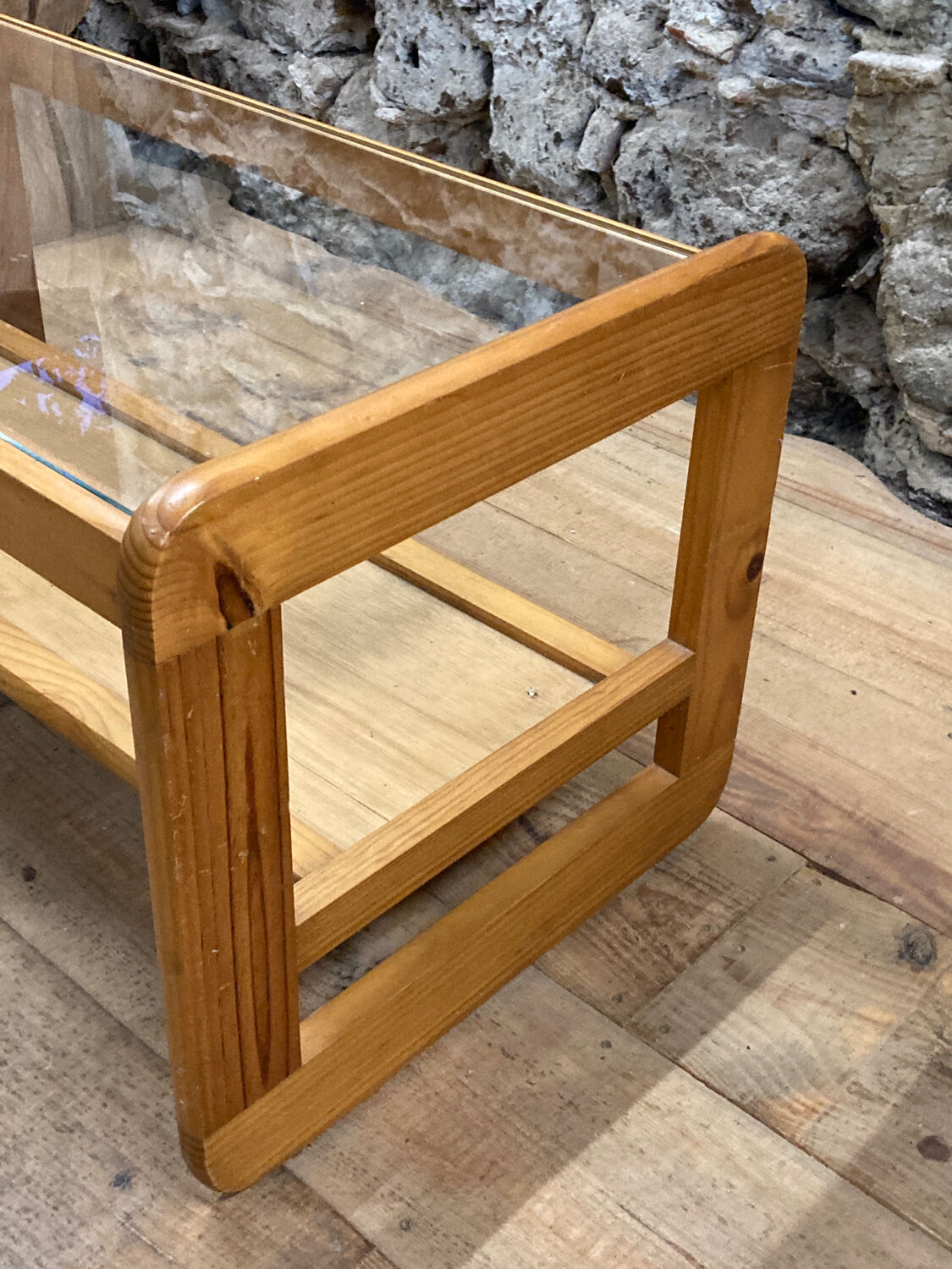 Coffee table in pine and glass Regain 1980