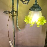 brass lamp with pretty antique patina and opaque green tulip, 58x25