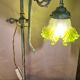 brass lamp with pretty antique patina and opaque green tulip, 58x25