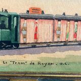 Petit tableau aquarelle sur papier par O.L. Le Tram de Royan 1920