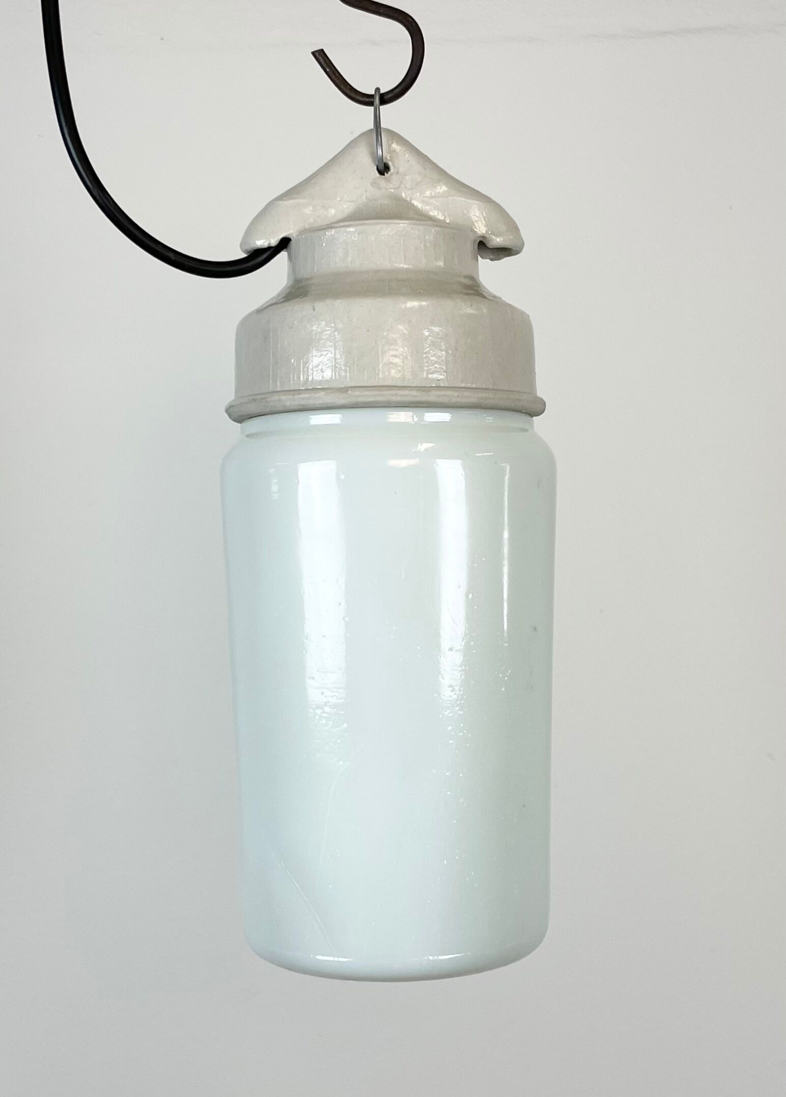 Industrial White Porcelain Pendant Light with Milk Glass, 1970s