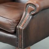 Brown smooth cow leather Chesterfield wingback armchair in English style