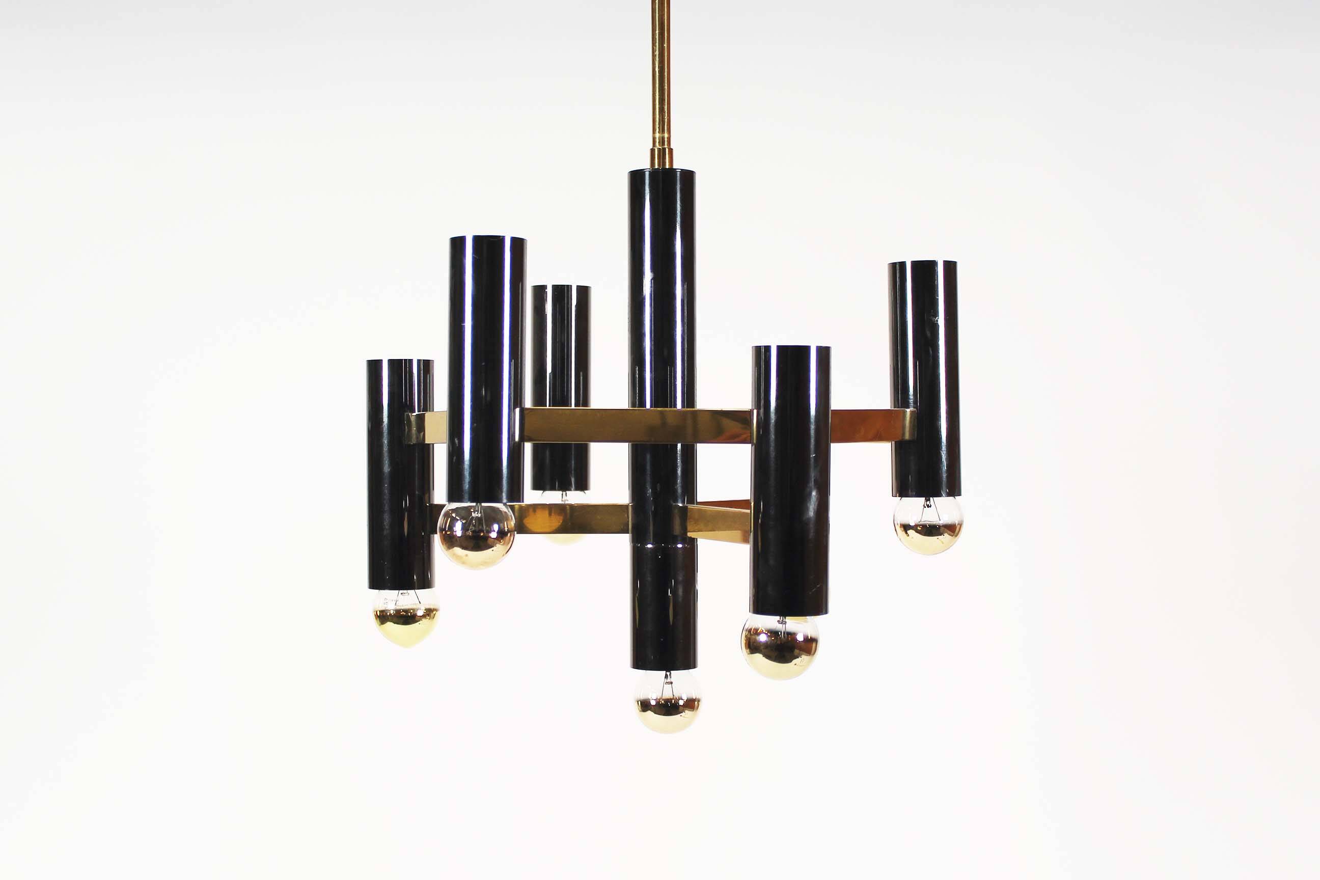 Brass & gunmetal geometric chandelier by "Boulanger S.A."