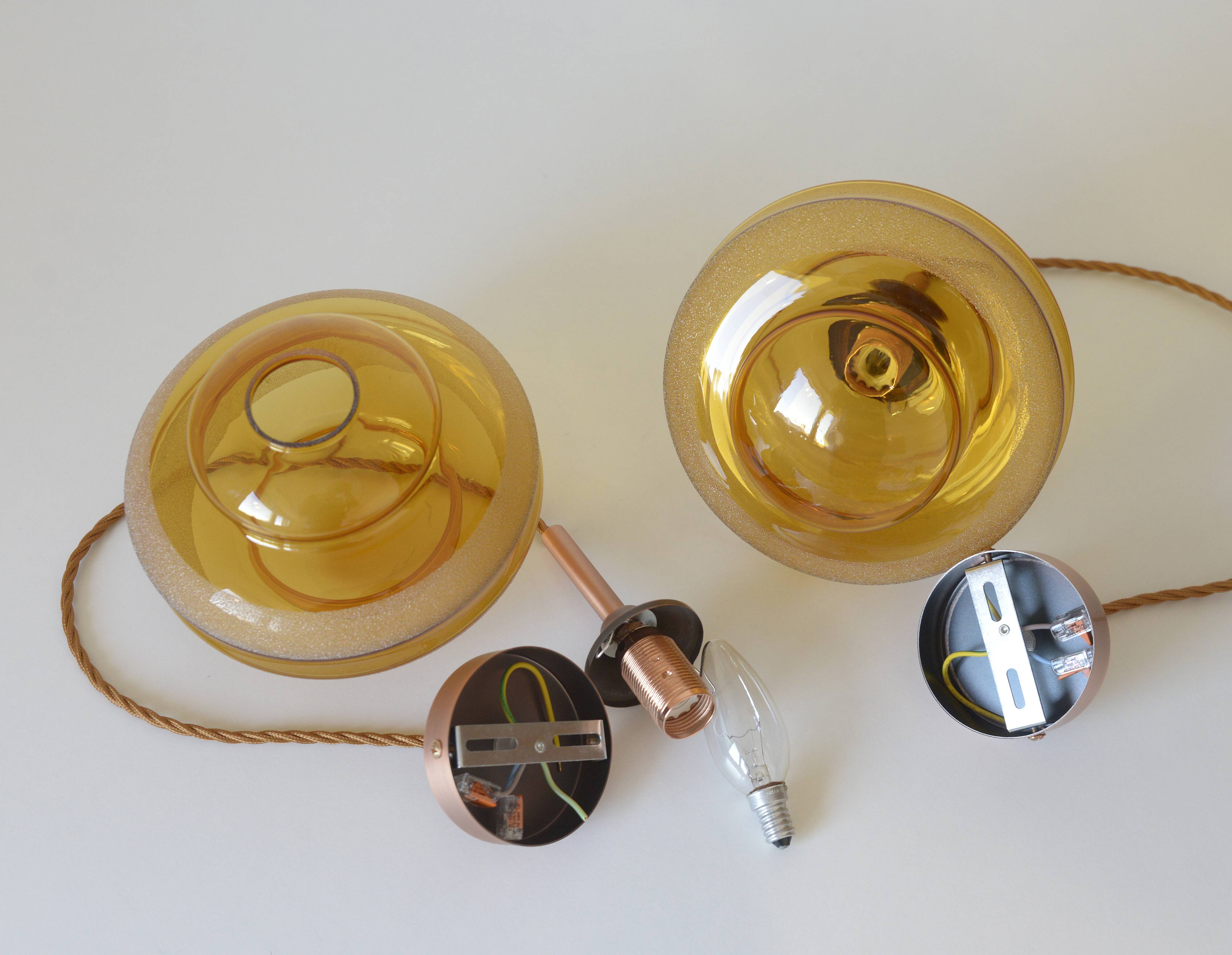 1 of 2 hand blown amber glass pendant lamp / redesign vintage hanging light