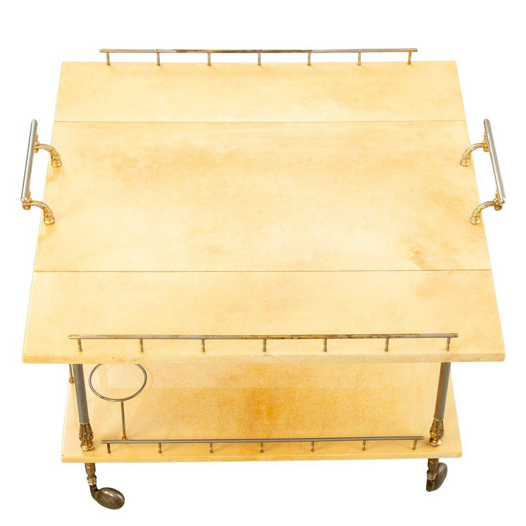 Lacquered Goatskin and Brass Bar Cart Aldo Tura style , 1960s, Italy