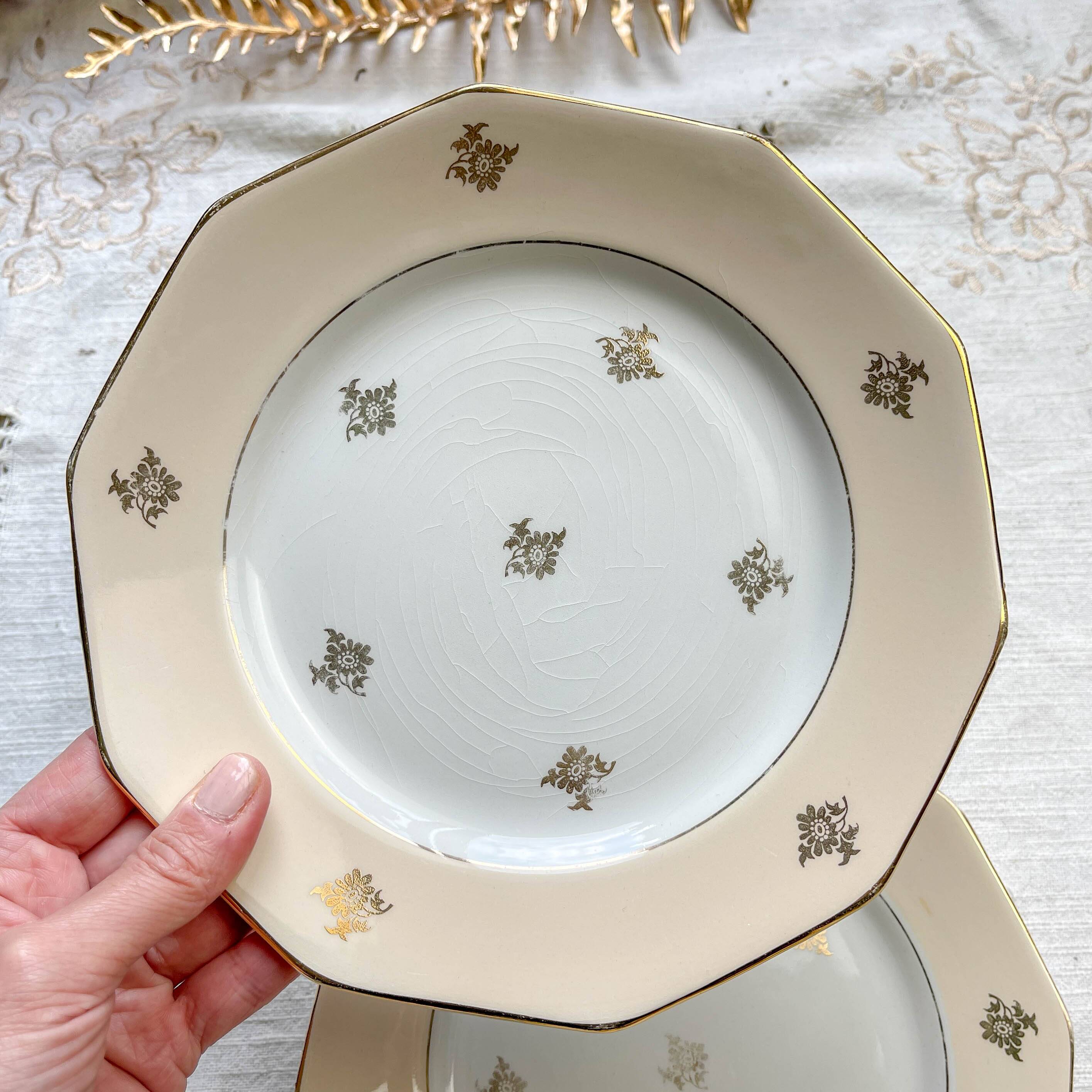 8 small vintage mismatched plates in French Limoges porcelain, Orchies - golden flower and bird motifs