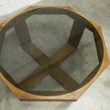 Unique hexagonal table 1977, smoked glass and oak, Swiss made.