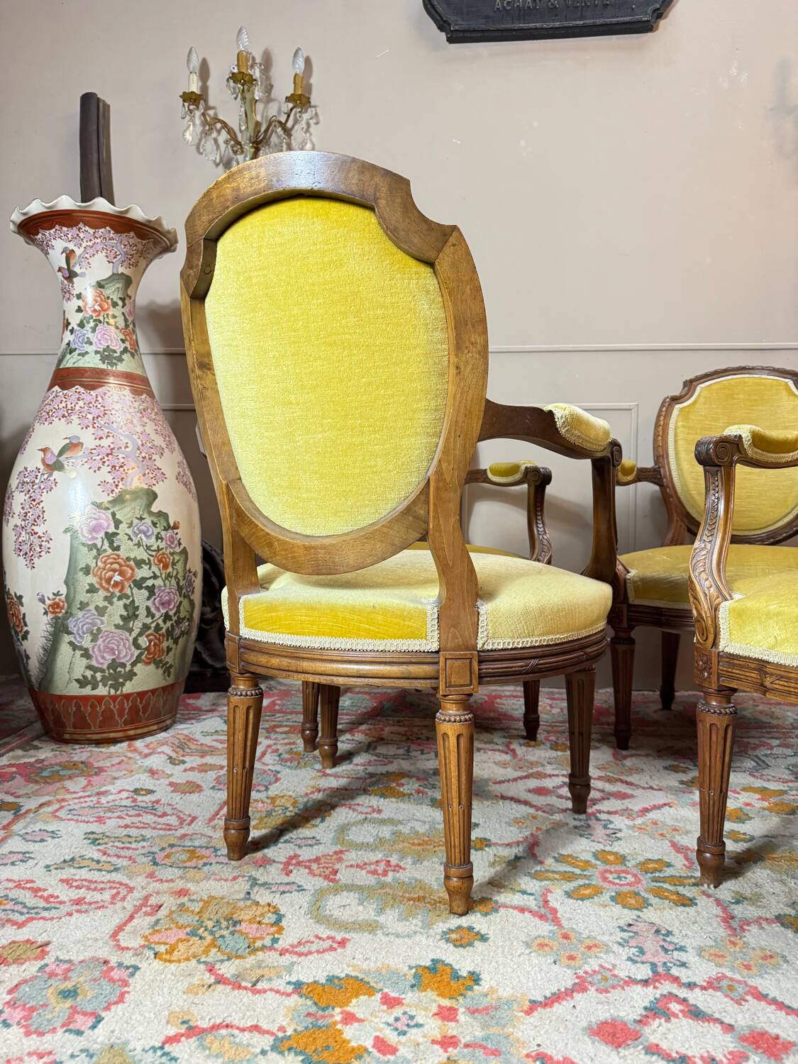 Set of four natural wood armchairs in louis xvi style 19th century