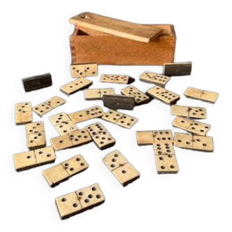 Old complete set of antique dominoes, in ebony wood and bone, 1900