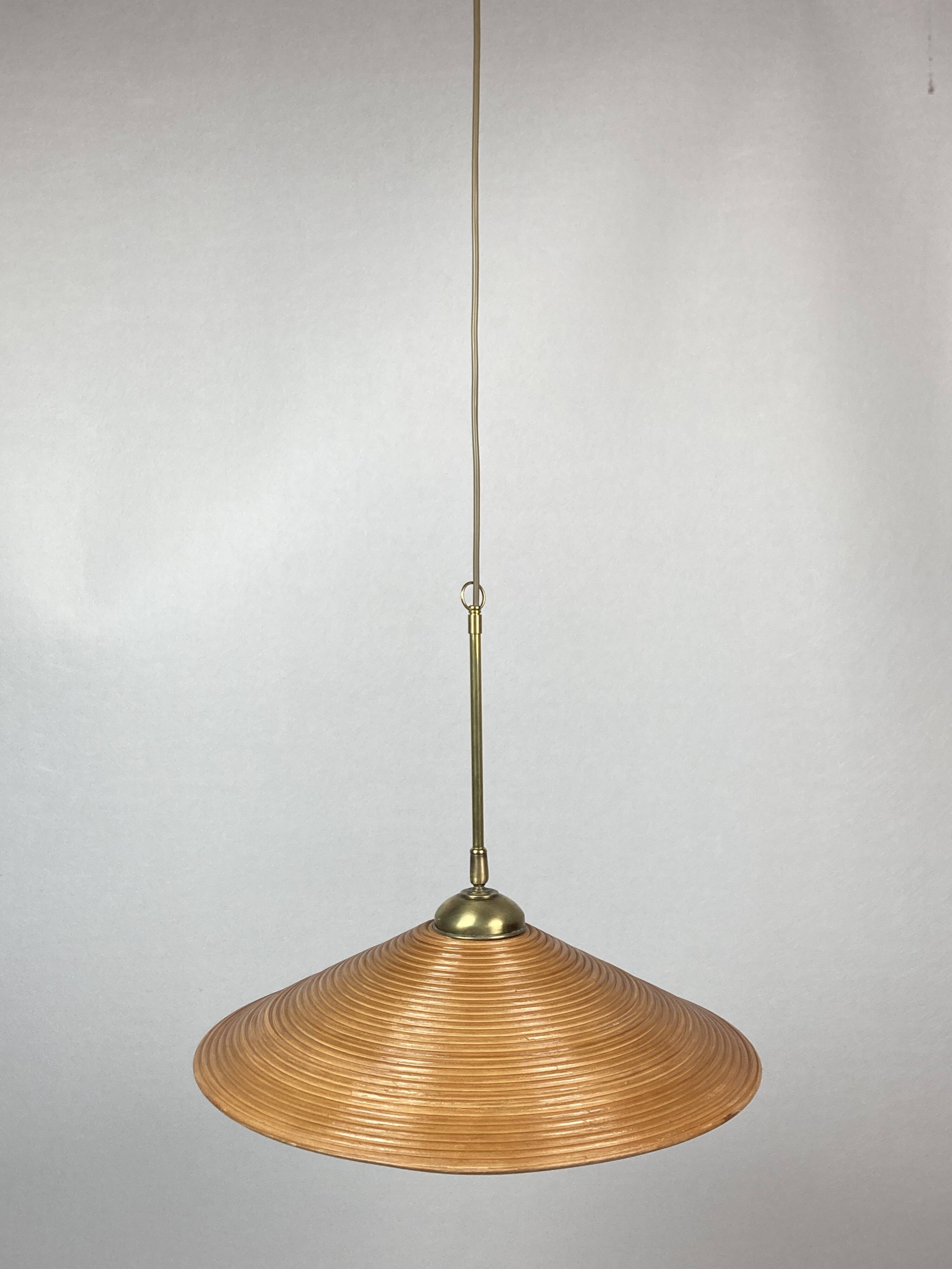 Pencil split reed, rattan, bamboo & brass pendant lamp, italy, 1970s