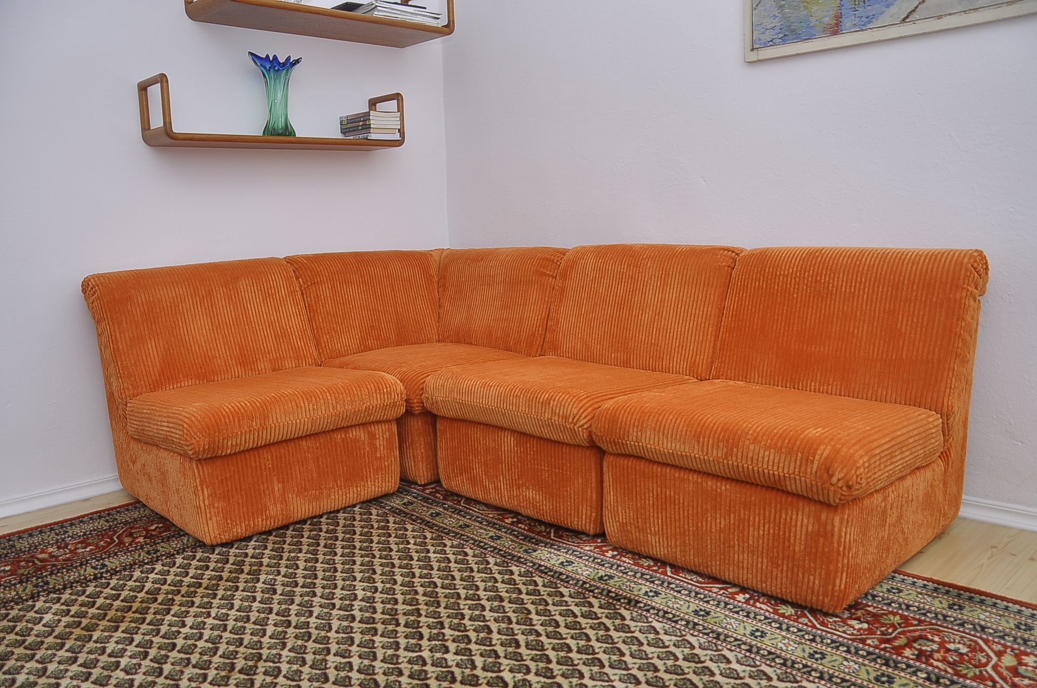 Orange corduroy Modular sofa from the 70's, 4 pieces