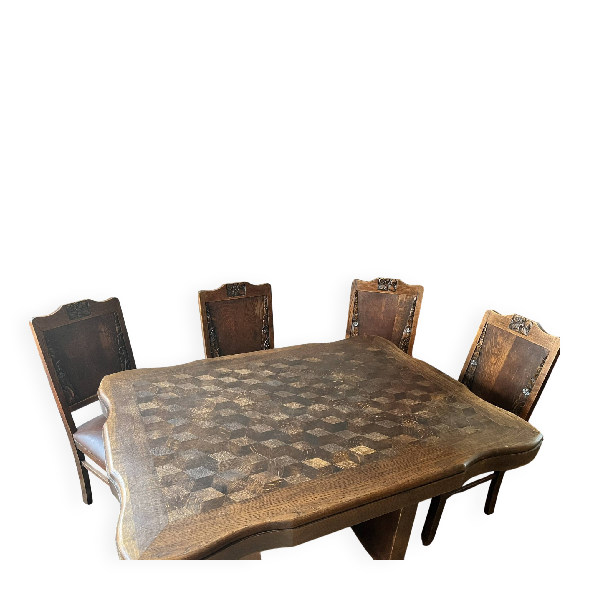 Art Deco extendable oak table with marquetry + 6 chairs – 1920s