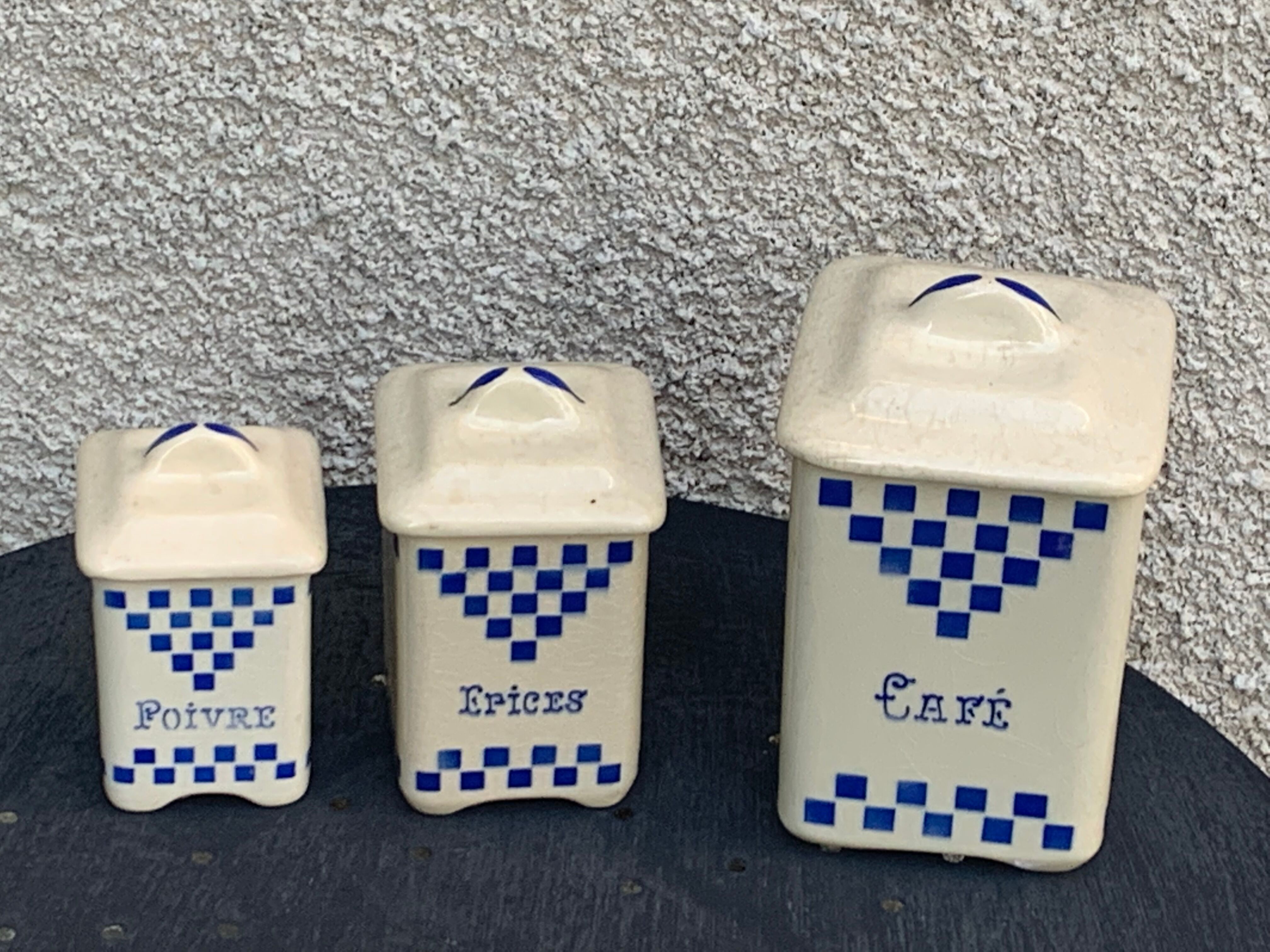 Set of 3 earthenware spice pots geometric pattern art deco period