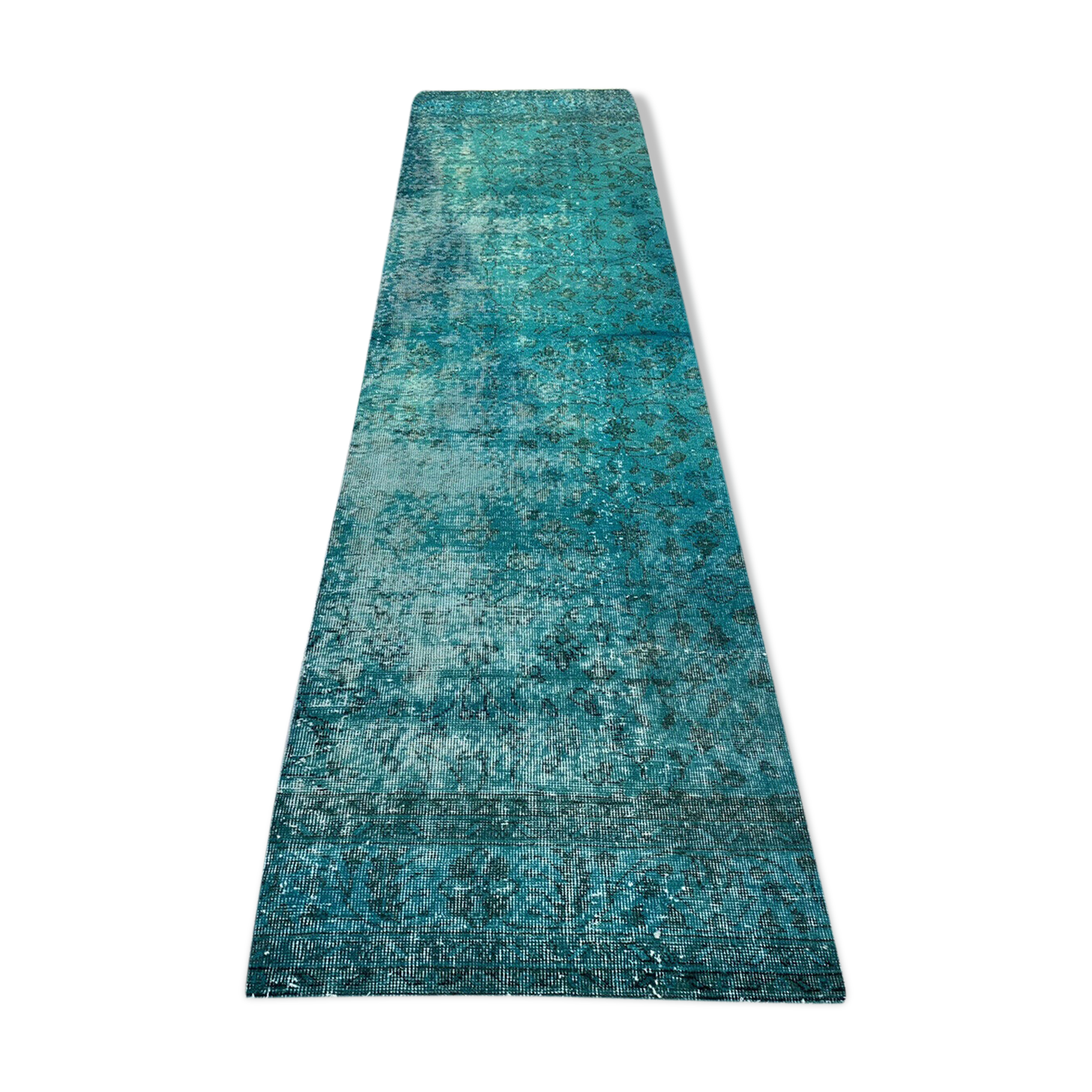 Distressed Turkish Narrow Runner 304 x 76 cm Wool Vintage rug, Overdyed Turquoise