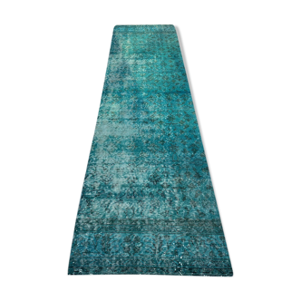 Distressed Turkish Narrow Runner 304 x 76 cm Wool Vintage rug, Overdyed Turquoise