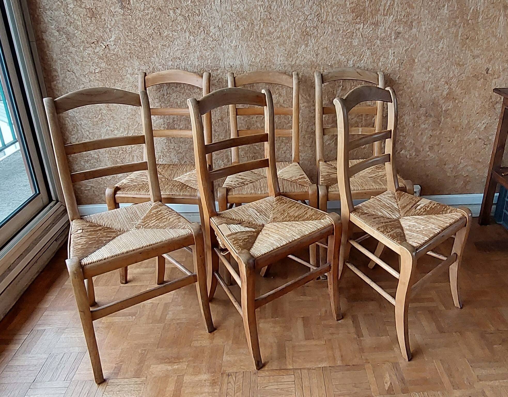 Set of 6 straw chairs in Louis Philippe style cherry wood
