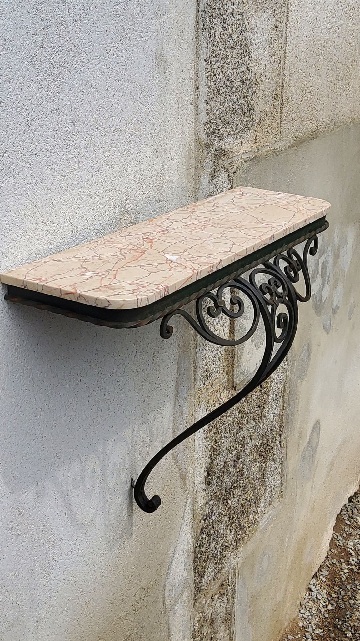 Console of wall lamp of the 50s in wrought iron and marble top