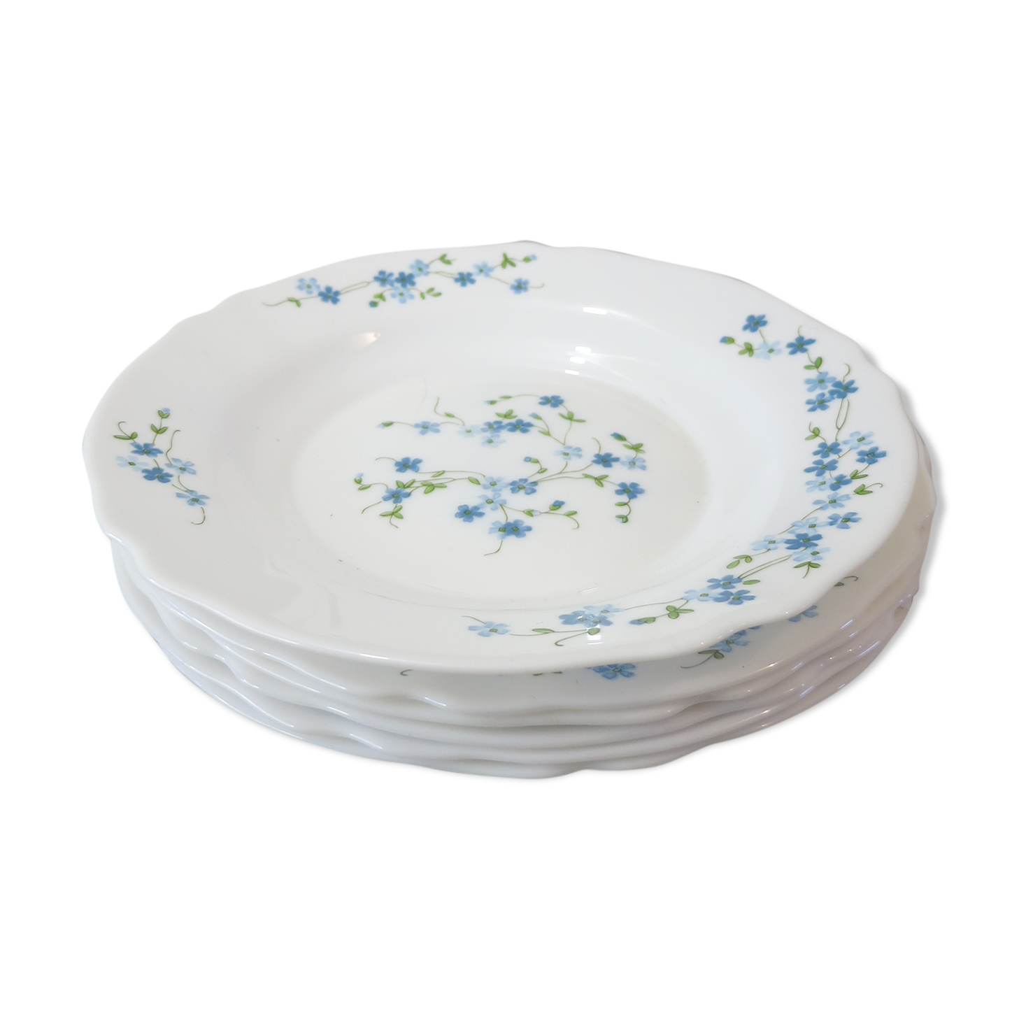 Lots de 5 d'assiettes et 1 assiette creuse , VERONICA  , Arcopal au motifs "Fleurs bleu Myosotis"