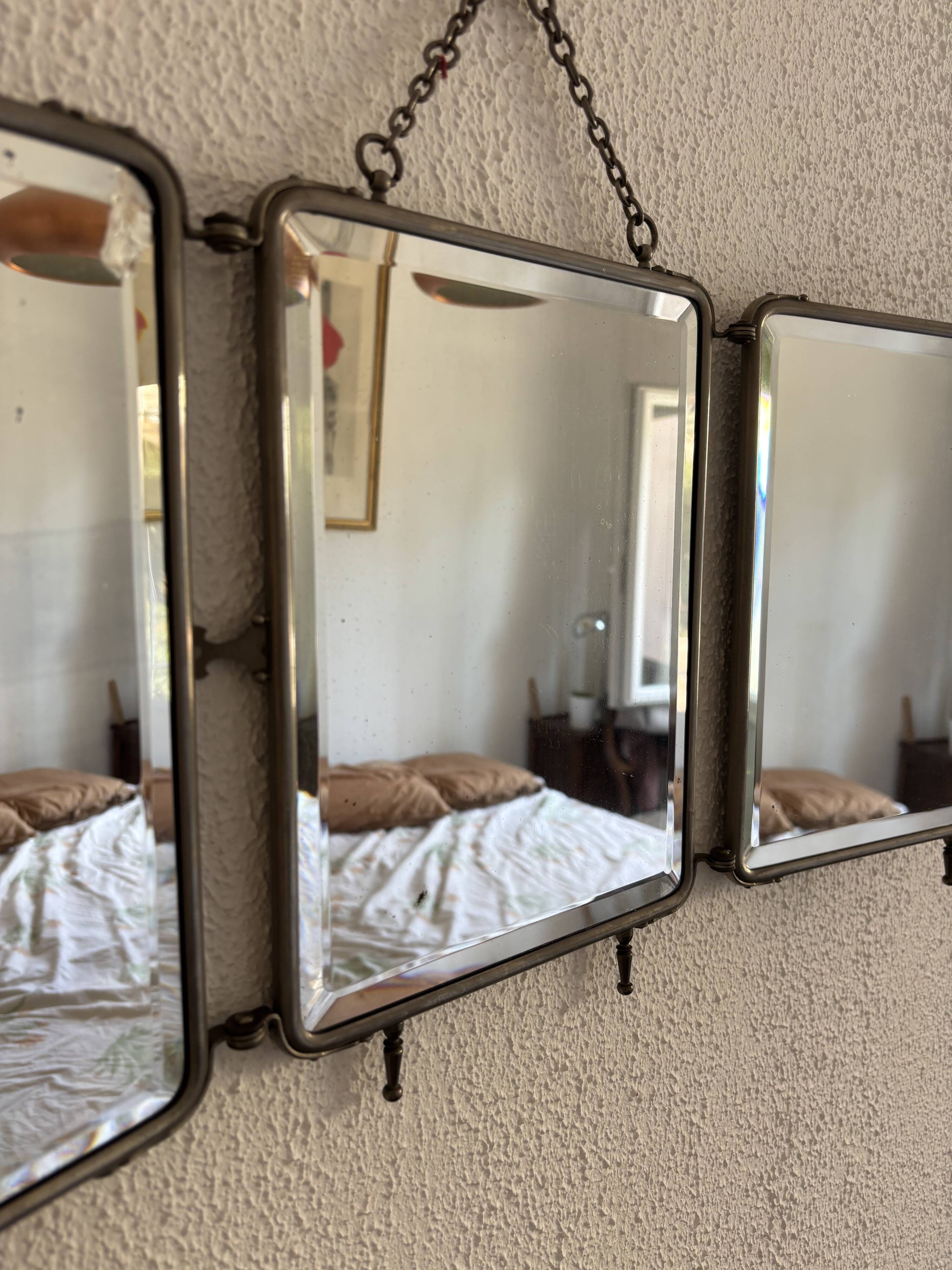 Vintage 1930s triptych barber mirror crocodile crystal - 30x69 cm